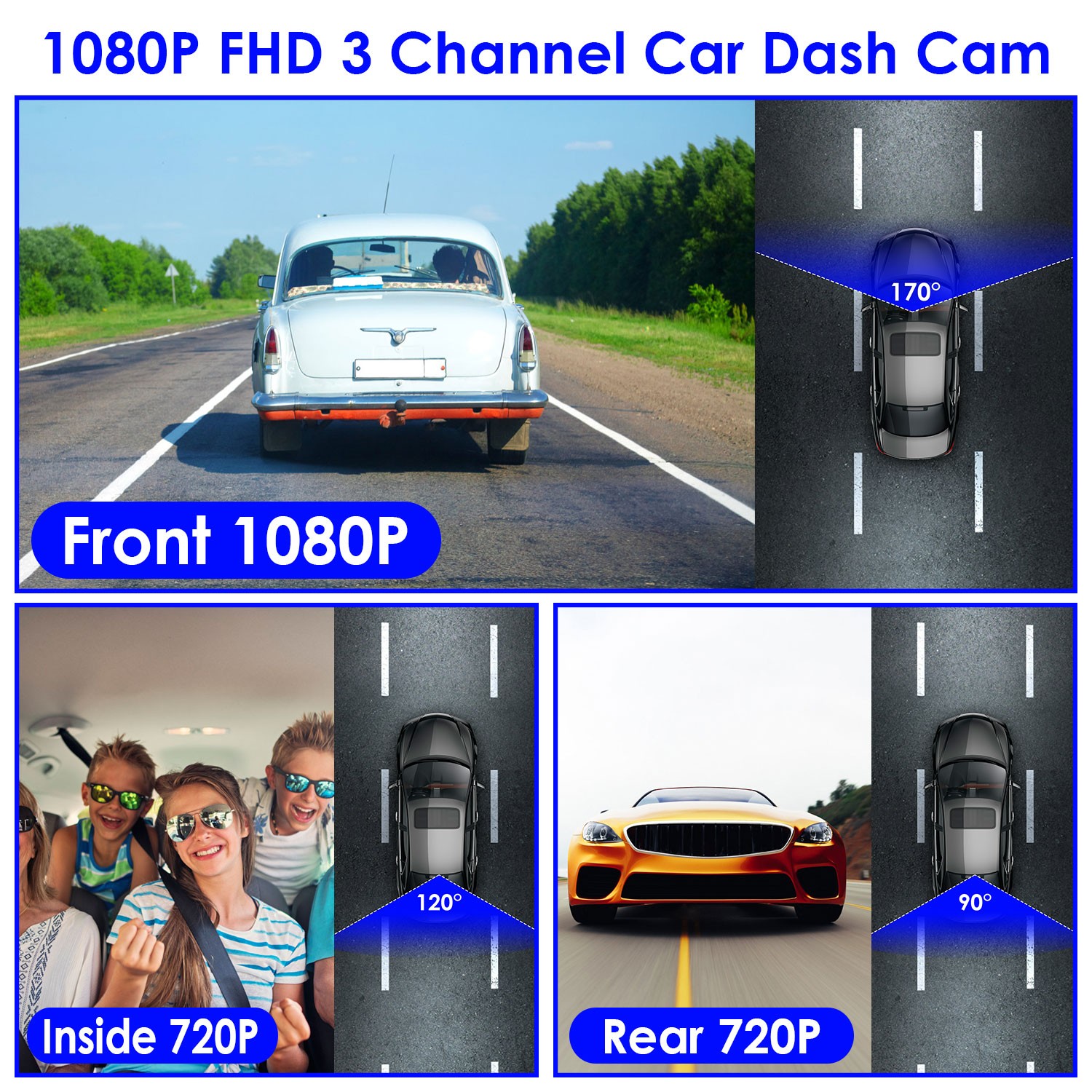 3 Channels 1080P HD Dash Cam WiFi 170° Front Rear Inside Camera & App Control