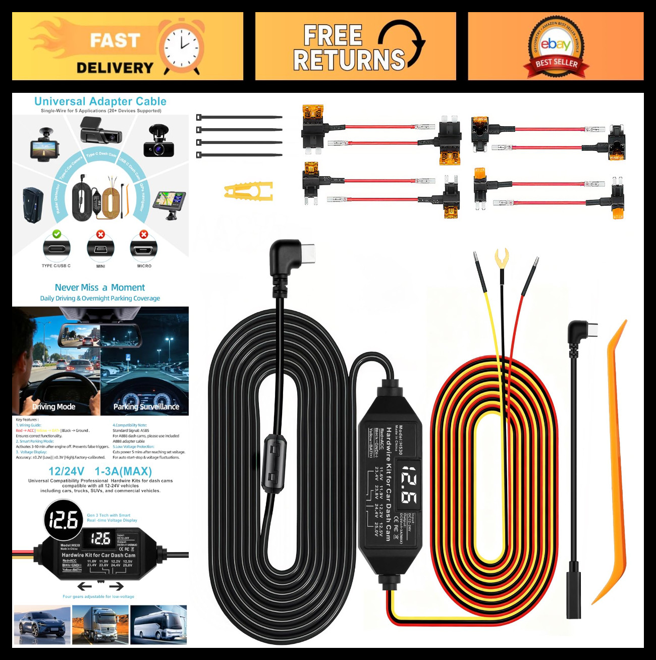 Hardwire Kit for Dash Cam, USB C 12V-24V to 5V/3A Power Cable, Voltage Display,