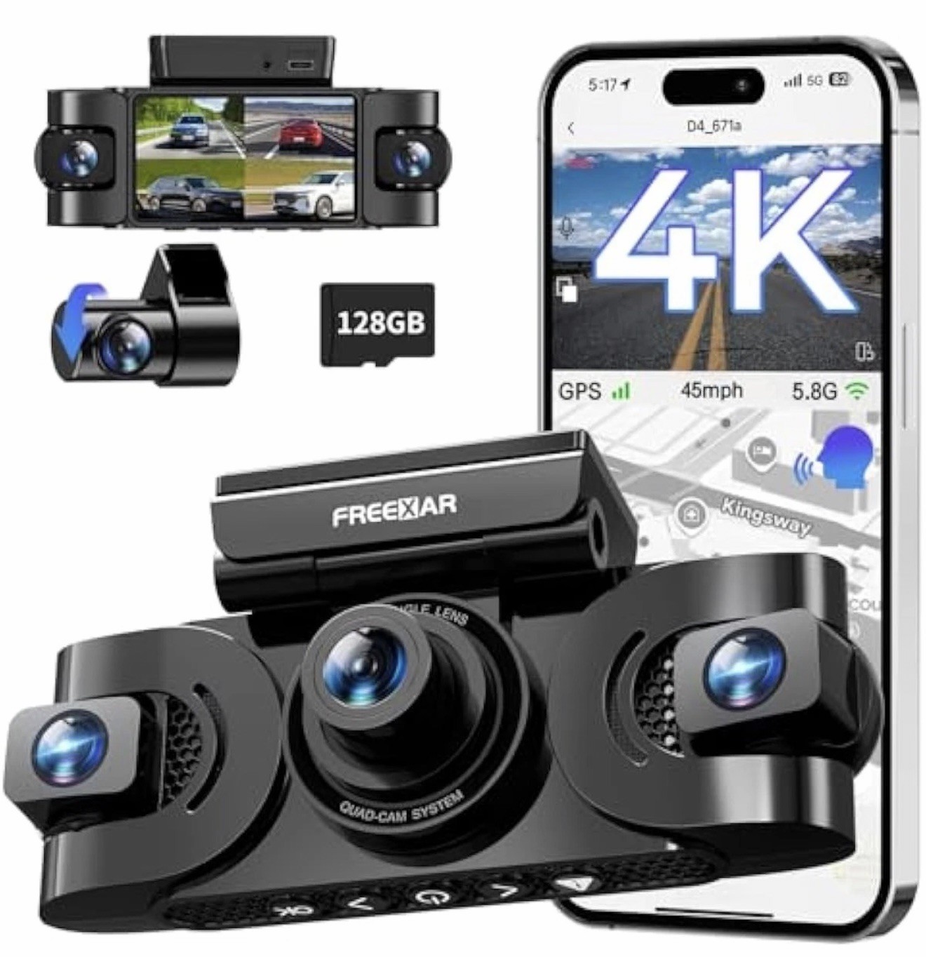 4K 360° Dash Cam, 4-Channel Dash Camera for Cars, Full Coverage Front Rear Left
