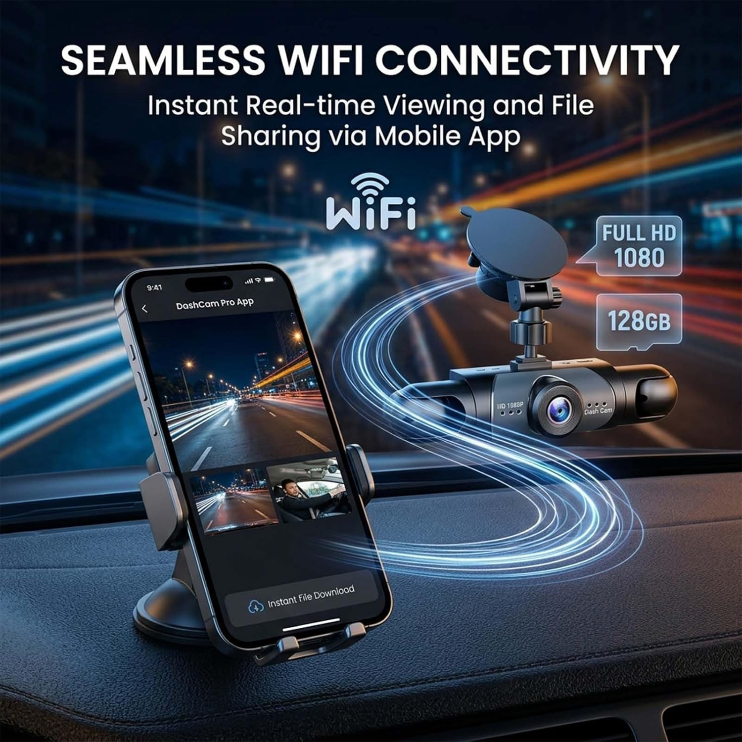 4-Channel Dash Cam 1080P WiFi App Control 64GB Card Night Vision Parking Mode