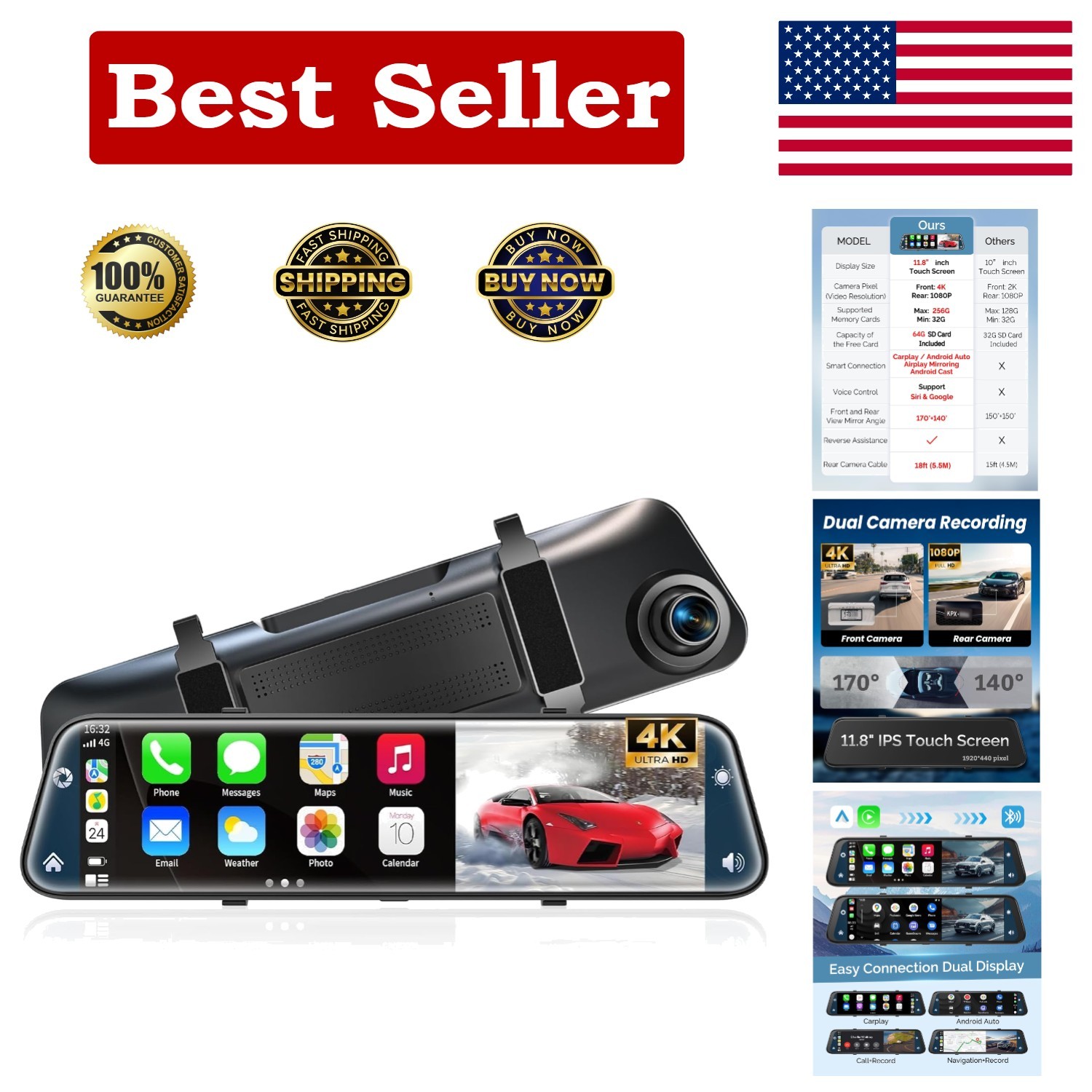 Smart 4K Mirror Dash Cam with 12″ Screen & Reverse Assist for Trucks & Cars