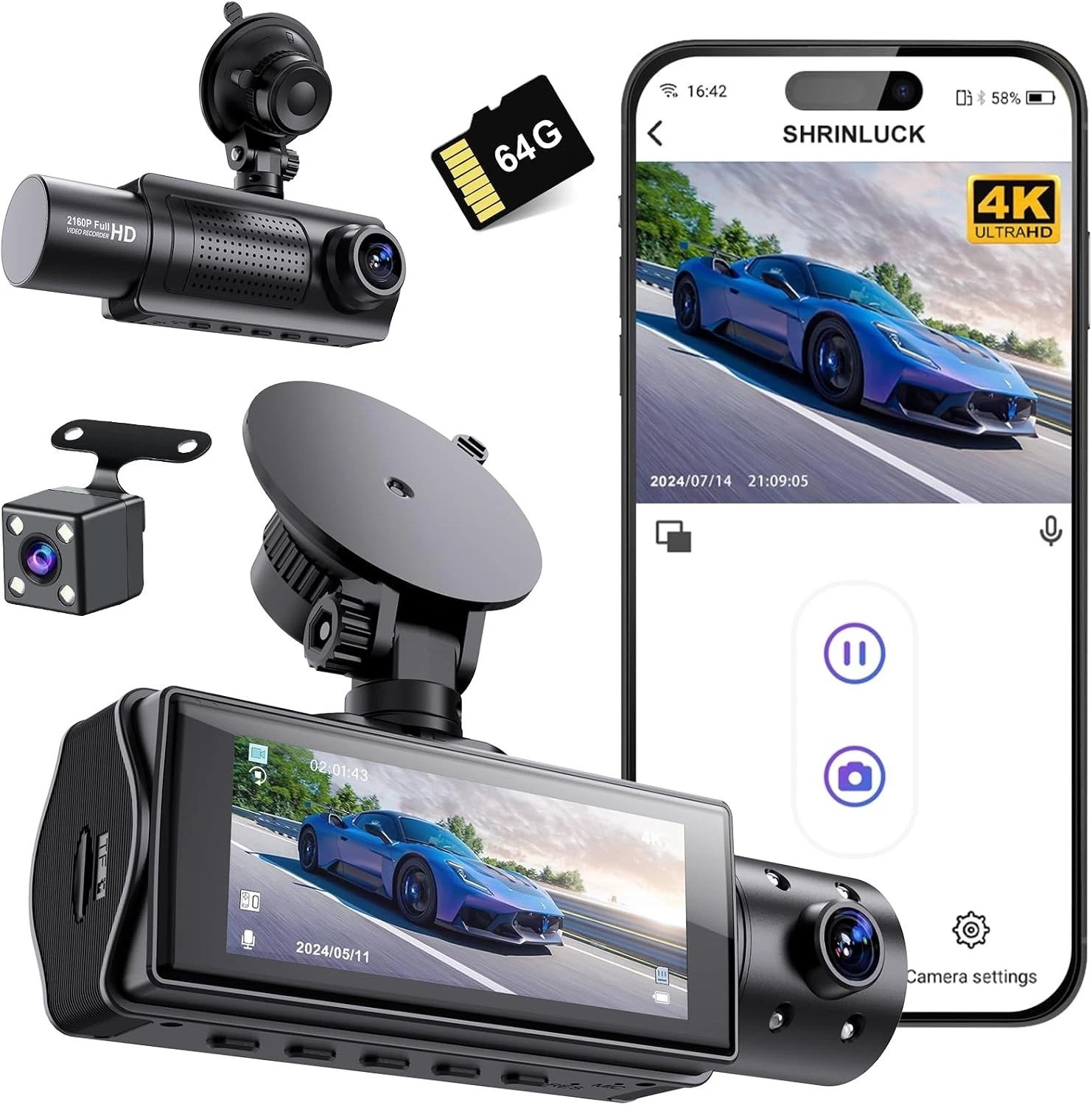 4K WiFi Dash Cam Front and Rear Inside, Free 64G SD Card, 2160P+1080P+1080P F…
