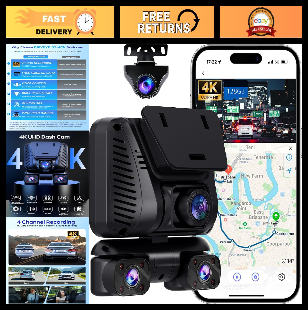 4K 360° Dash Cam, 4 Channel Front & Rear Camera, Wi-Fi GPS, Night Vision, 128GB