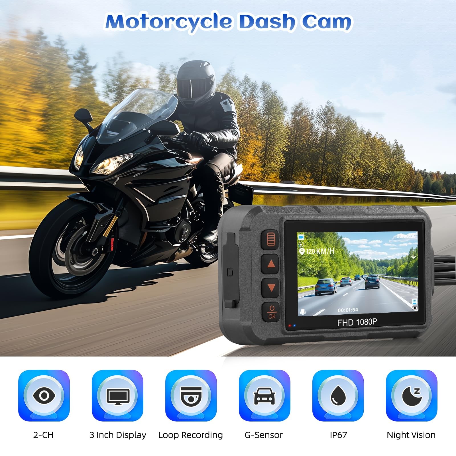Motorcycle Dash Cam Dual HD Camera Front and Rear View,3″ IPS Screen 1080P IP…