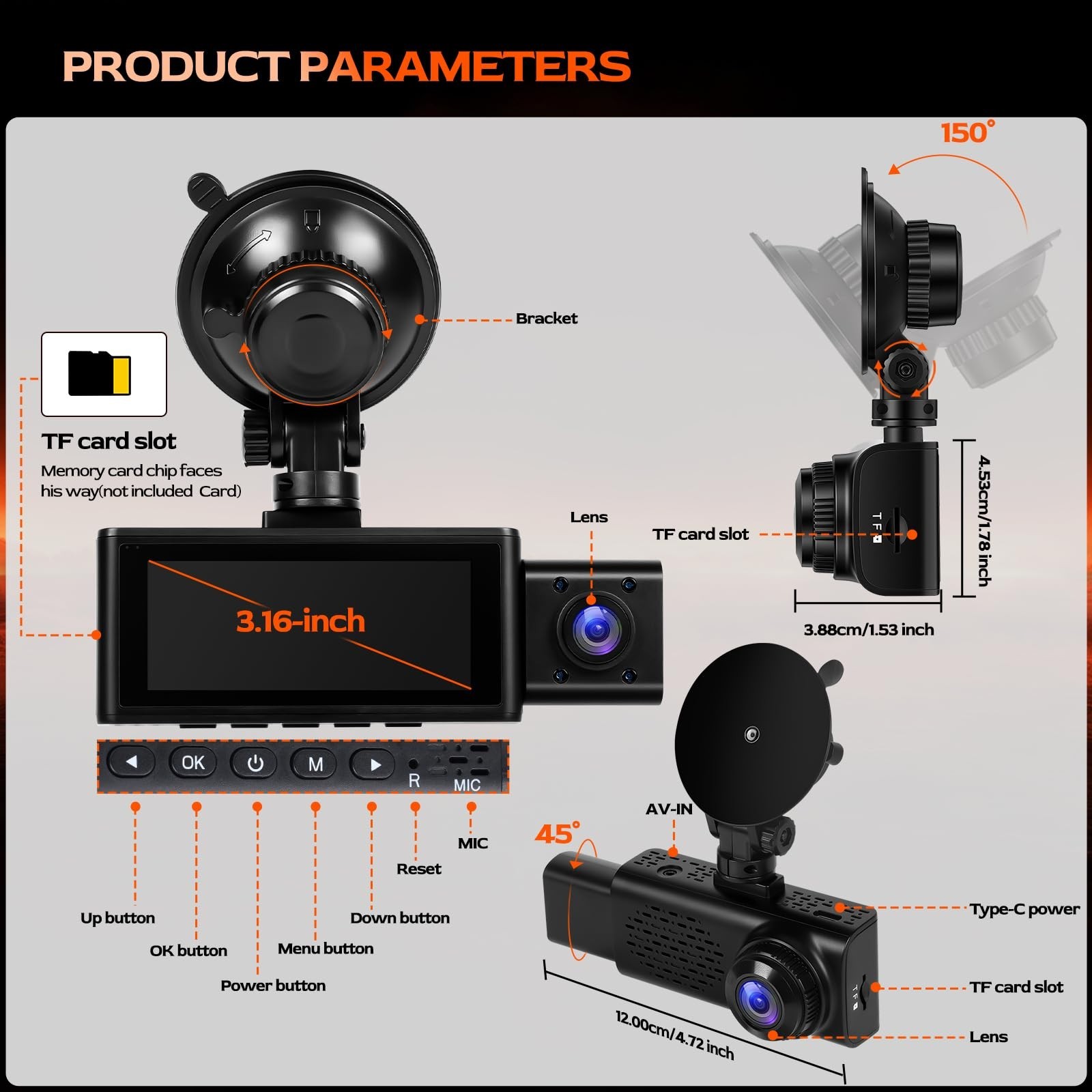 3 Channel 2.5K Dash Cam WiFi APP Control, Triple Camera G-Sensor, 24H Parking Mo
