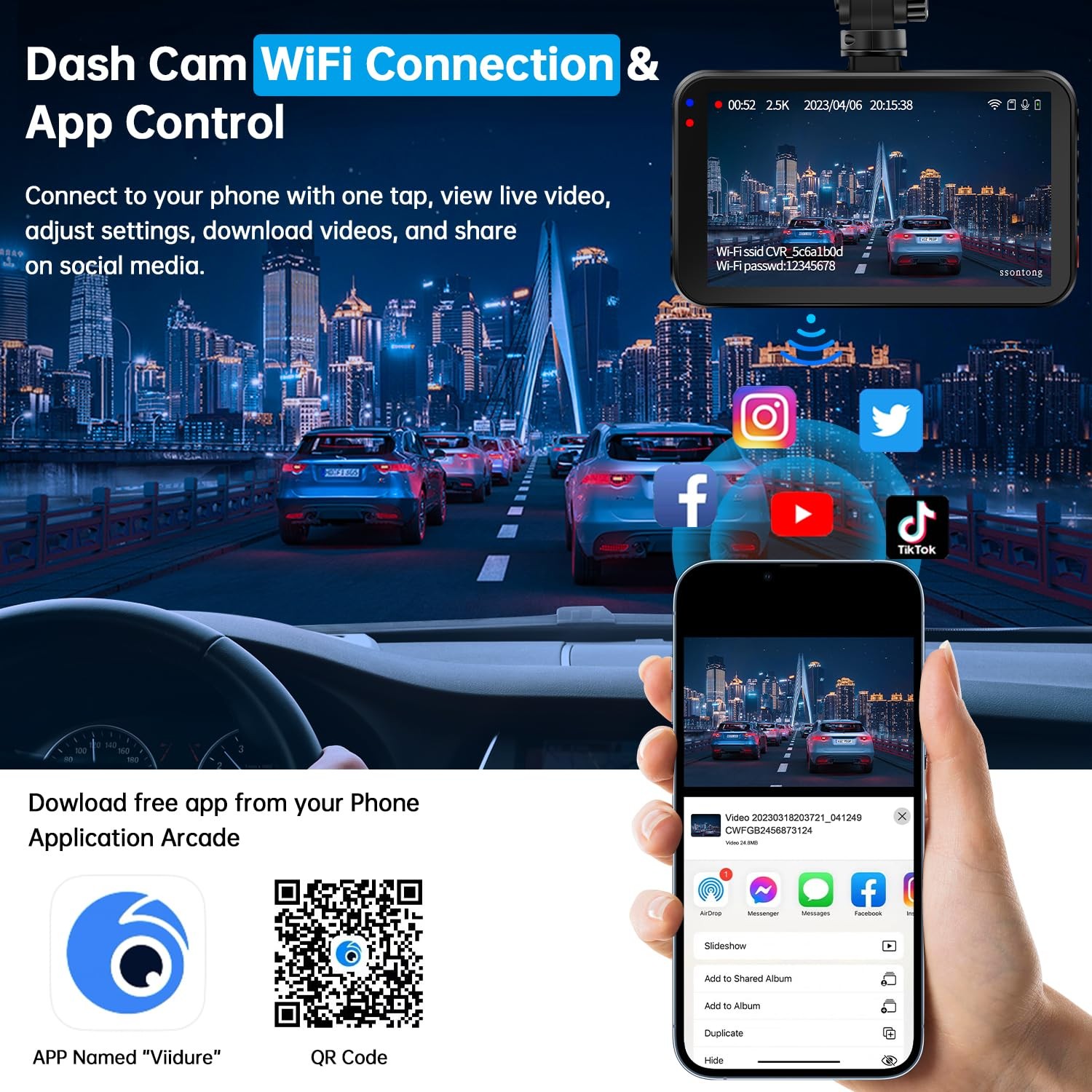 2.5K Front And 1080P Rear Dash Cam Dual Lens Car Camera With 64GB Card WiFi GPS