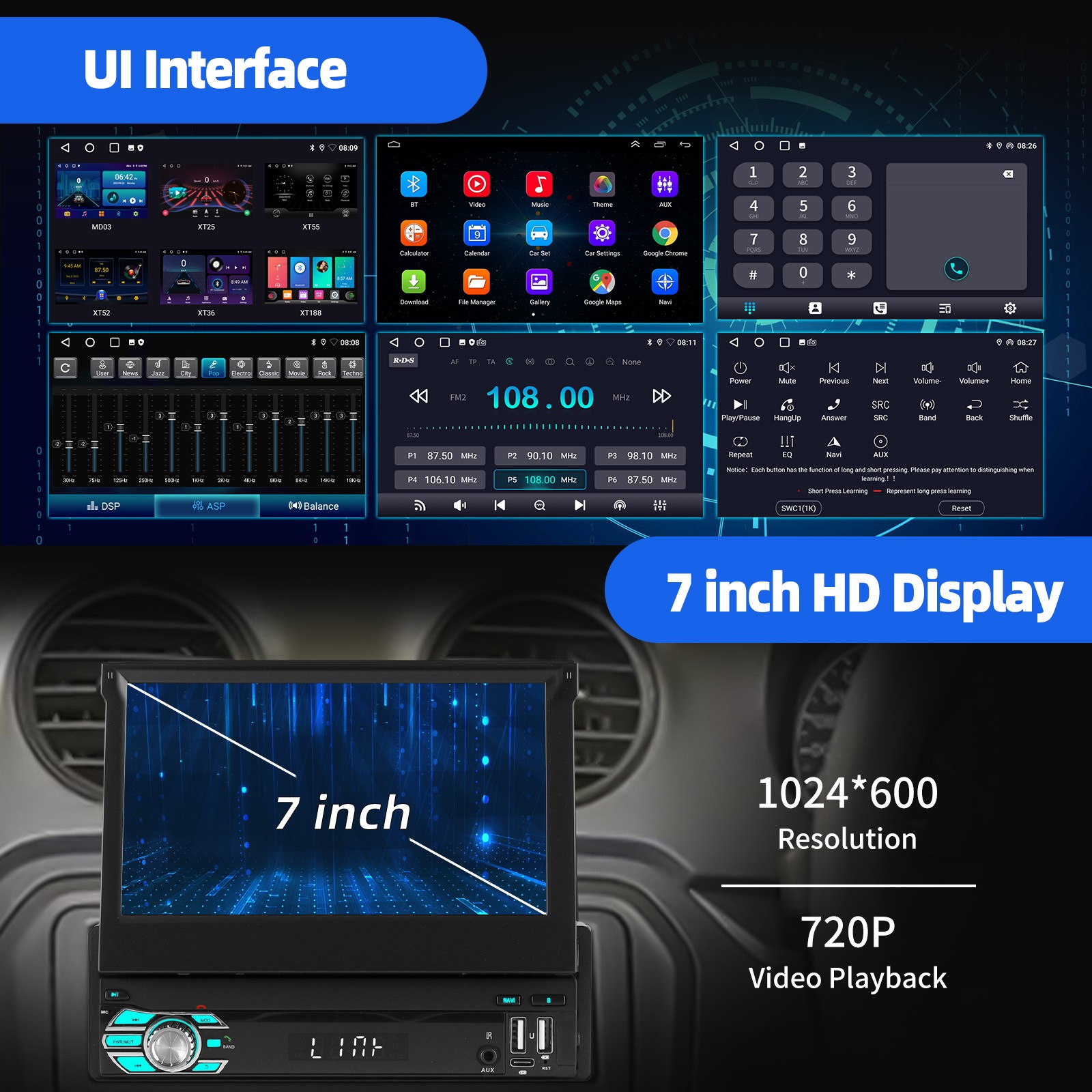 7″ Single 1 DIN Flip Out 4+64G Car Stereo Radio Android 15 MP5 Player USB+Camera