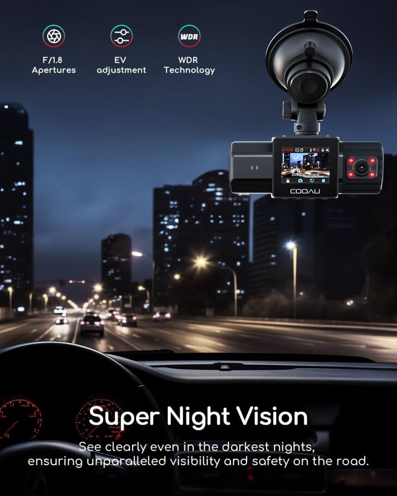 COOAU Front and Inside Dash Cam with Night Vision, 24Hr Parking Mode, GPS Wi-Fi