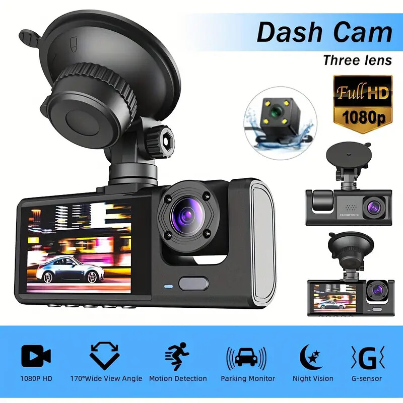 Dash Cam Car HD 1080P Front/Rear/Inside 3Lens 32G Video Recorder Camera G-Sensor