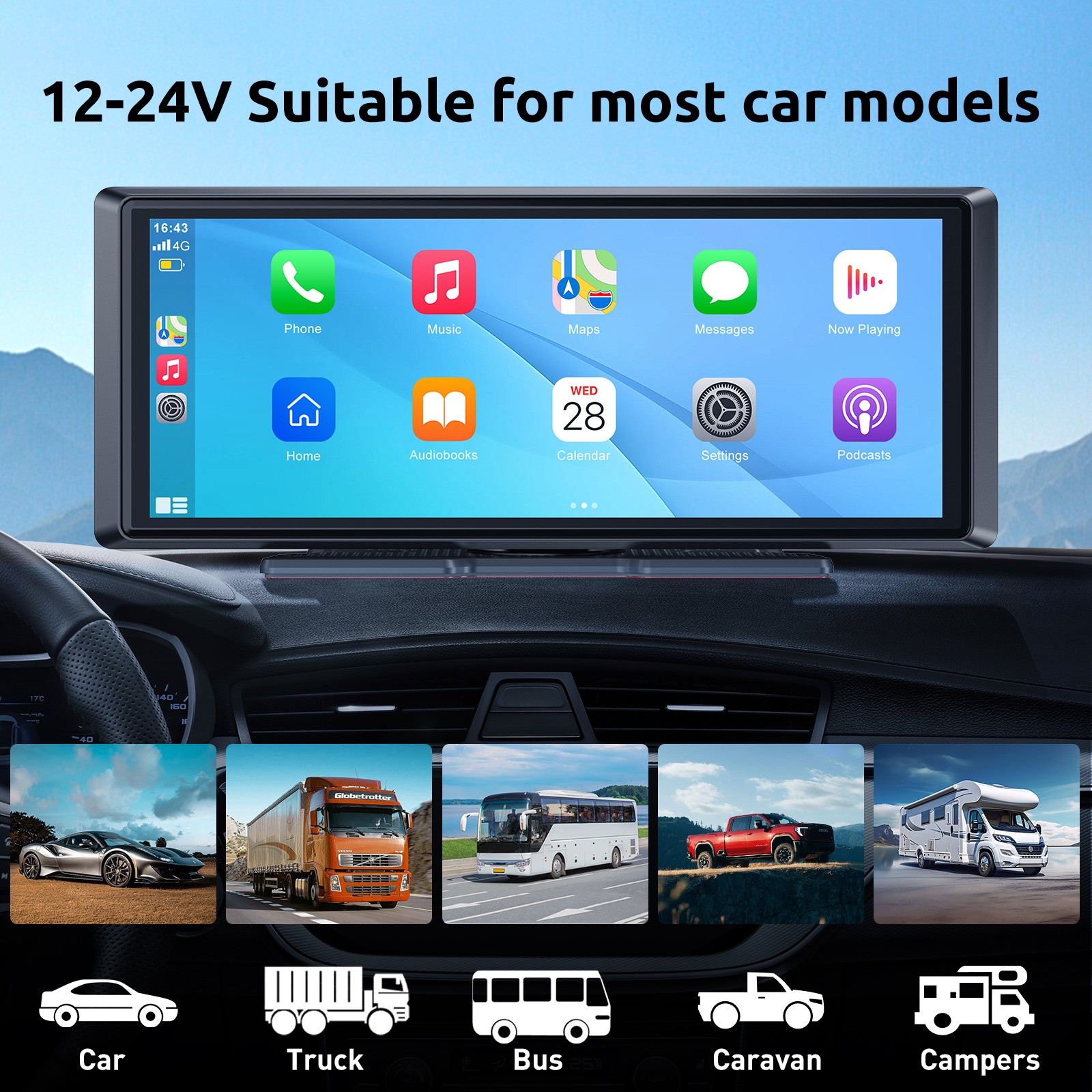 XGODY 10″ 4K Touch Screen Dash Cam Car Video Recorder Wireless CarPlay G-Sensor