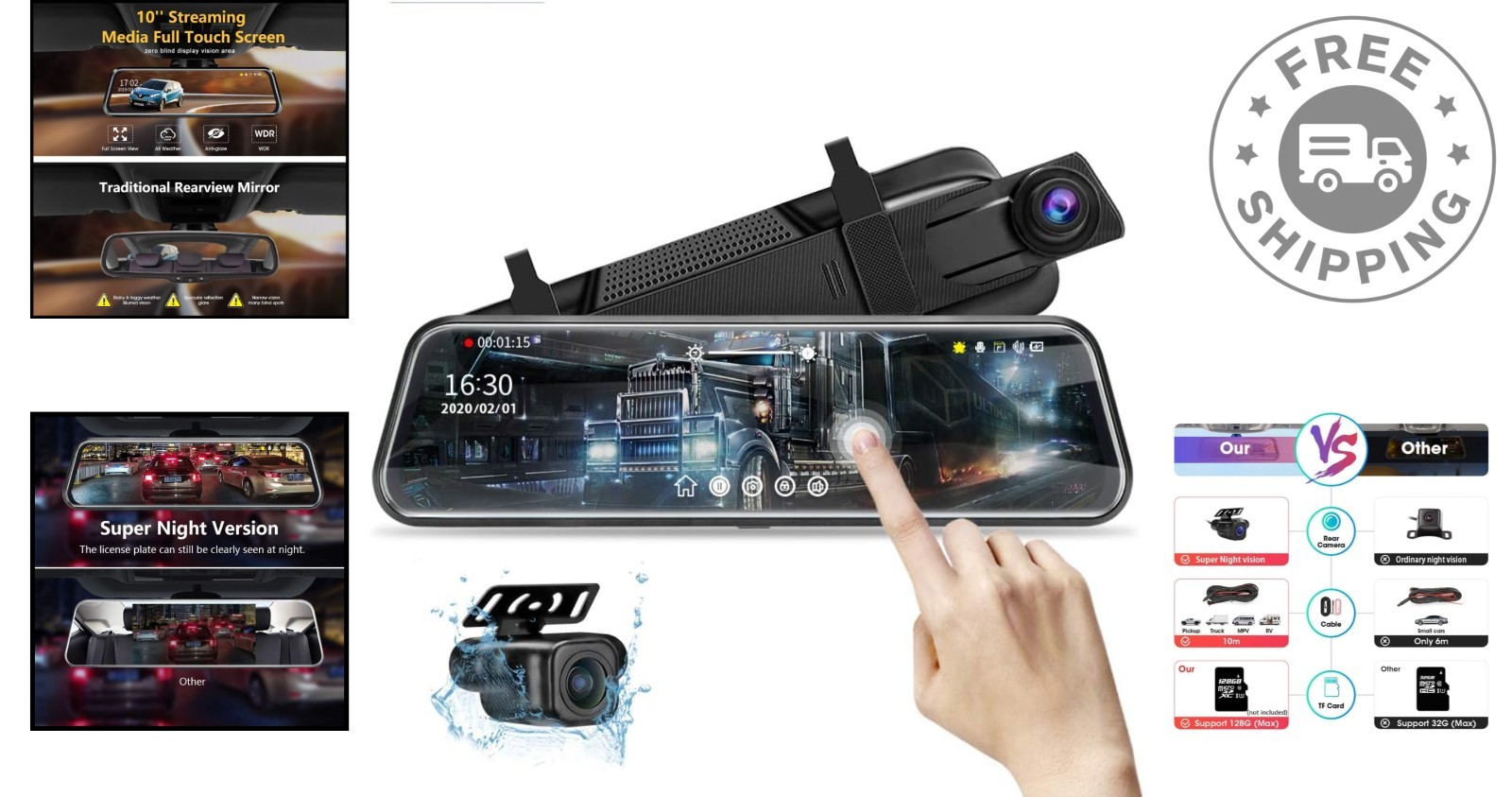 Full HD 1080P Mirror Dash Cam with Night Vision & Smart Parking Assistance