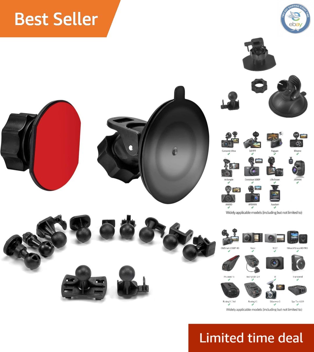 Adjustable Dash Cam Mount with Suction Cup and Adhesive for All Car Models