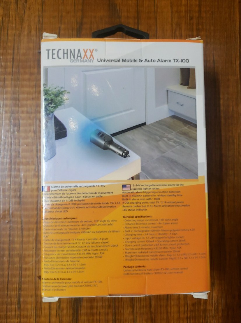 Technaxx TX-100 Car Alarm with Charging Function & PIR Motion Sensor NEW IN BOX