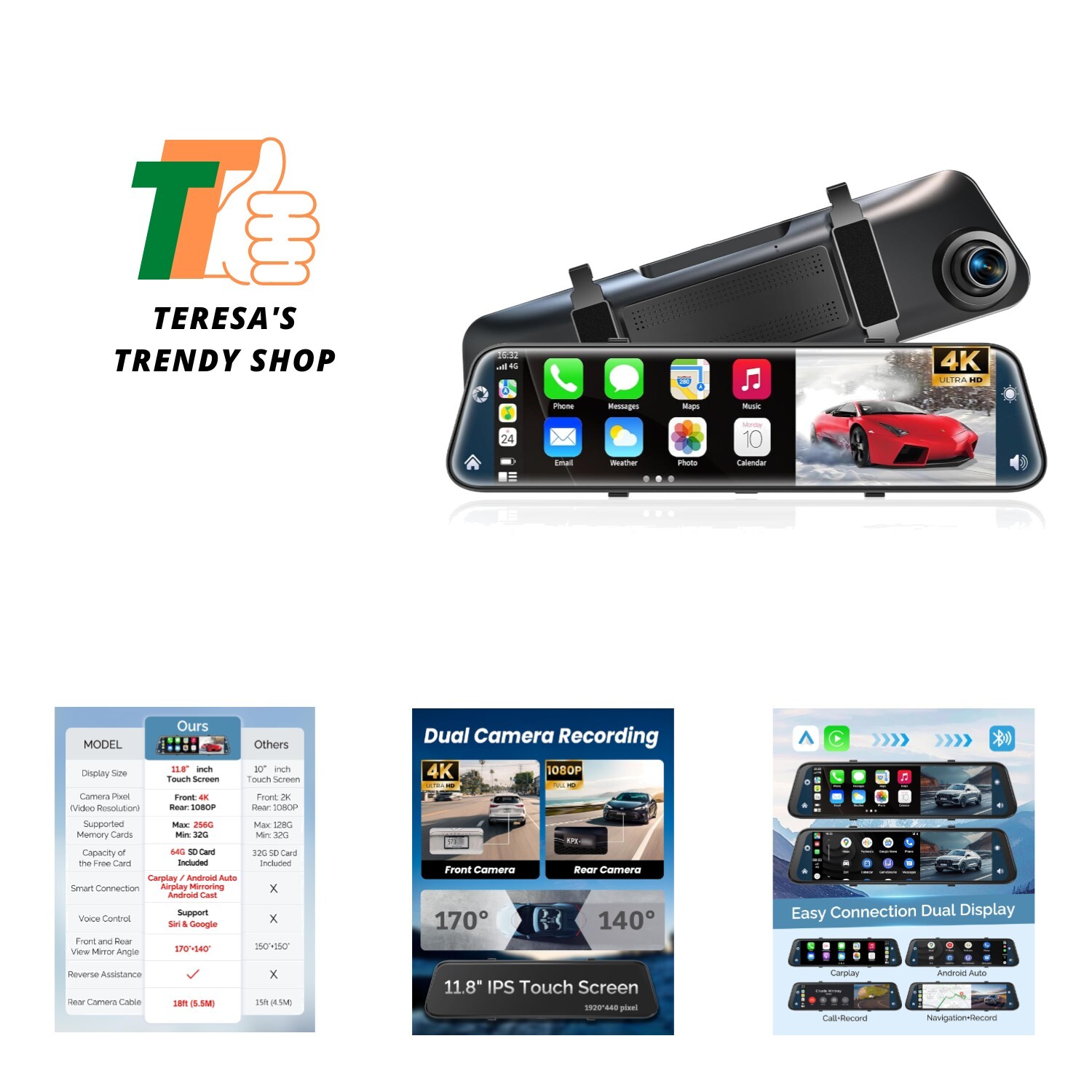 4K Rear View Mirror Camera with Carplay&Android Auto,12″ Mirror Dash Cam Fron…