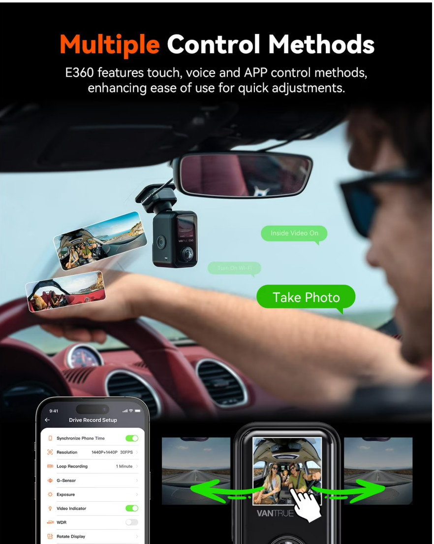 Vantrue E360 5.2K 360° Panoramic Dash Cam, 5GHz WiFi GPS HDR IR Night Vision