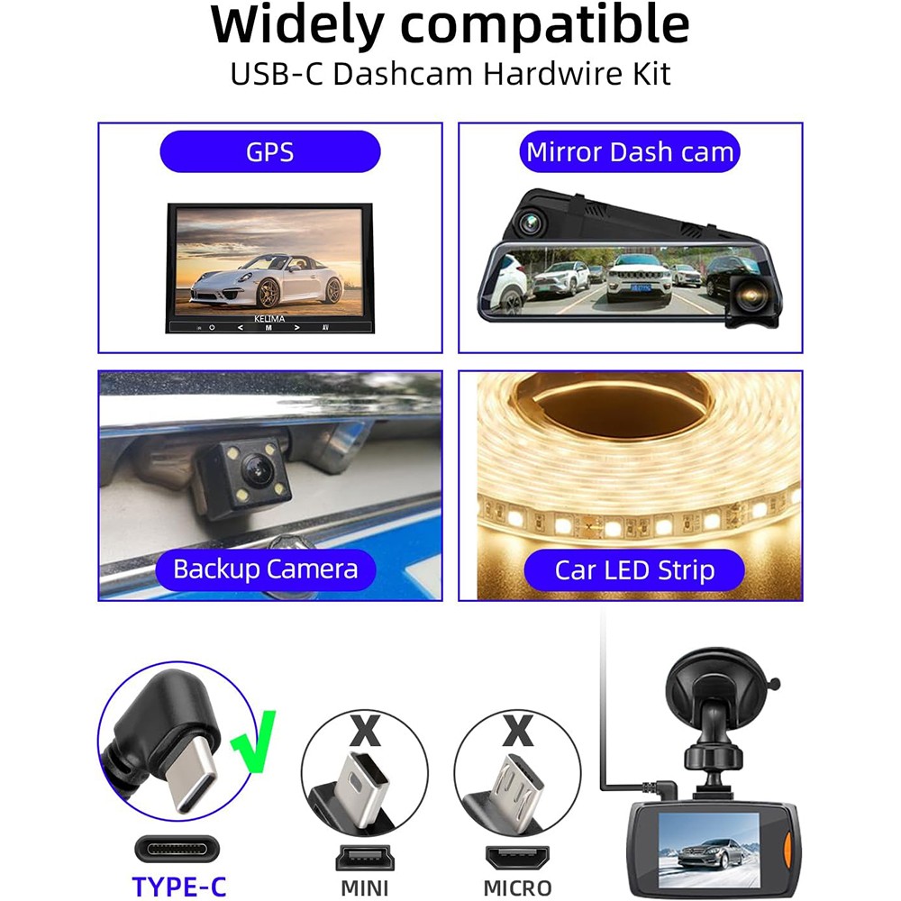 Universal Dash Cam Hardwire Kit 12-24V Mini USB Hard Wire Cable Fuse for Car