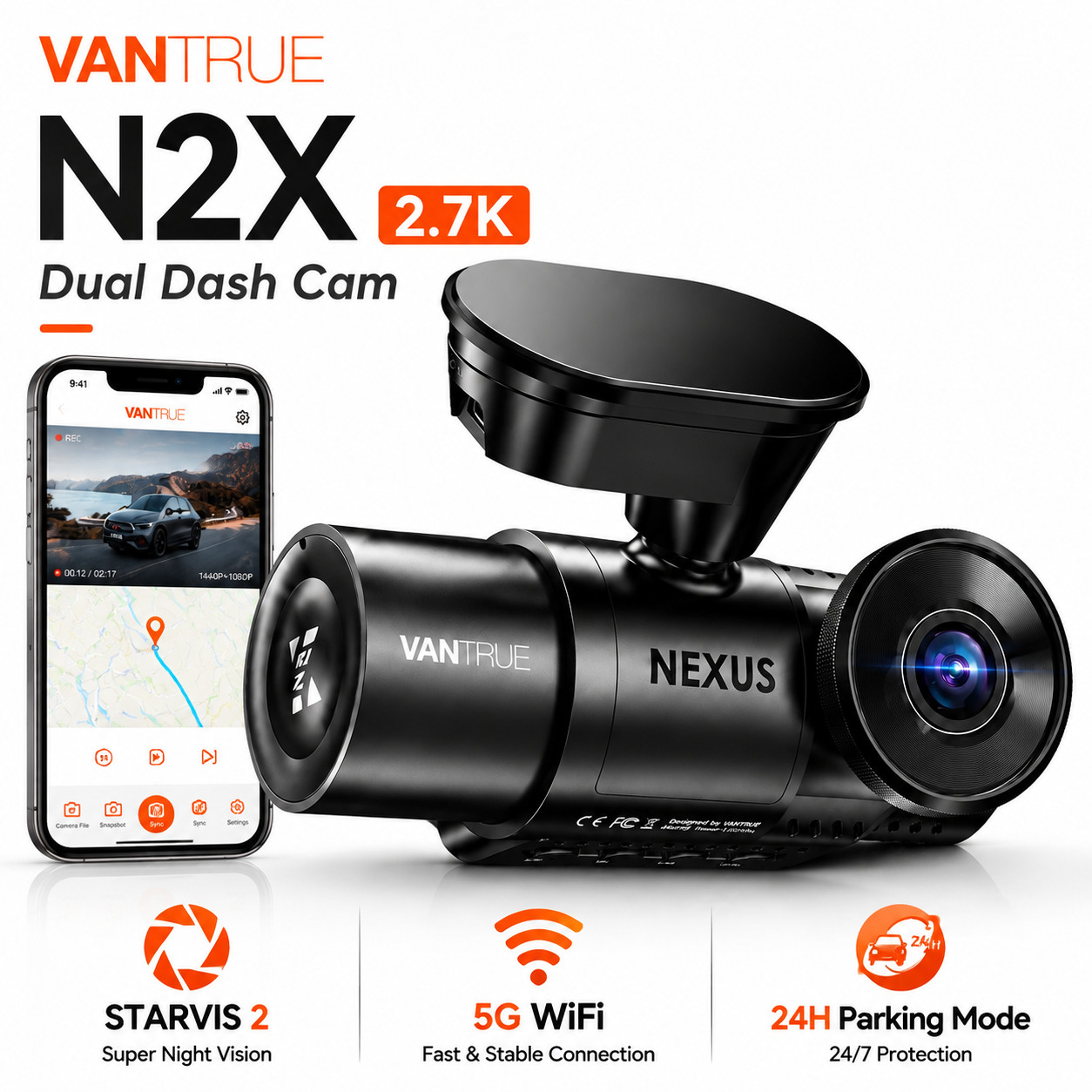 Vantrue N2X 2.7K Dual Dash Cam STARVIS 2 5G WiFi GPS Night Vision Parking Mode