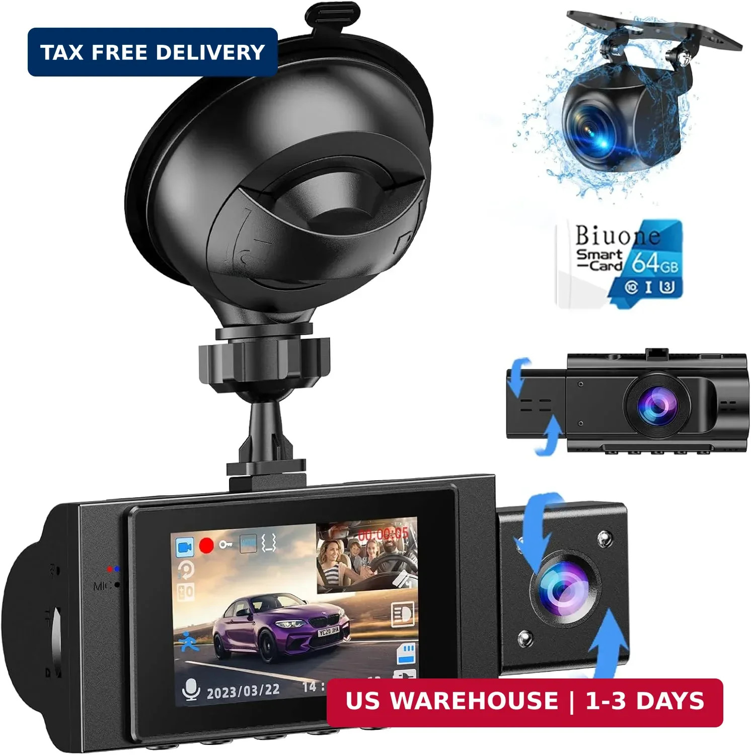 3 Channel Dash Cam Front and Rear Inside with 64GB SD Card, 1080P+720P+720P Car