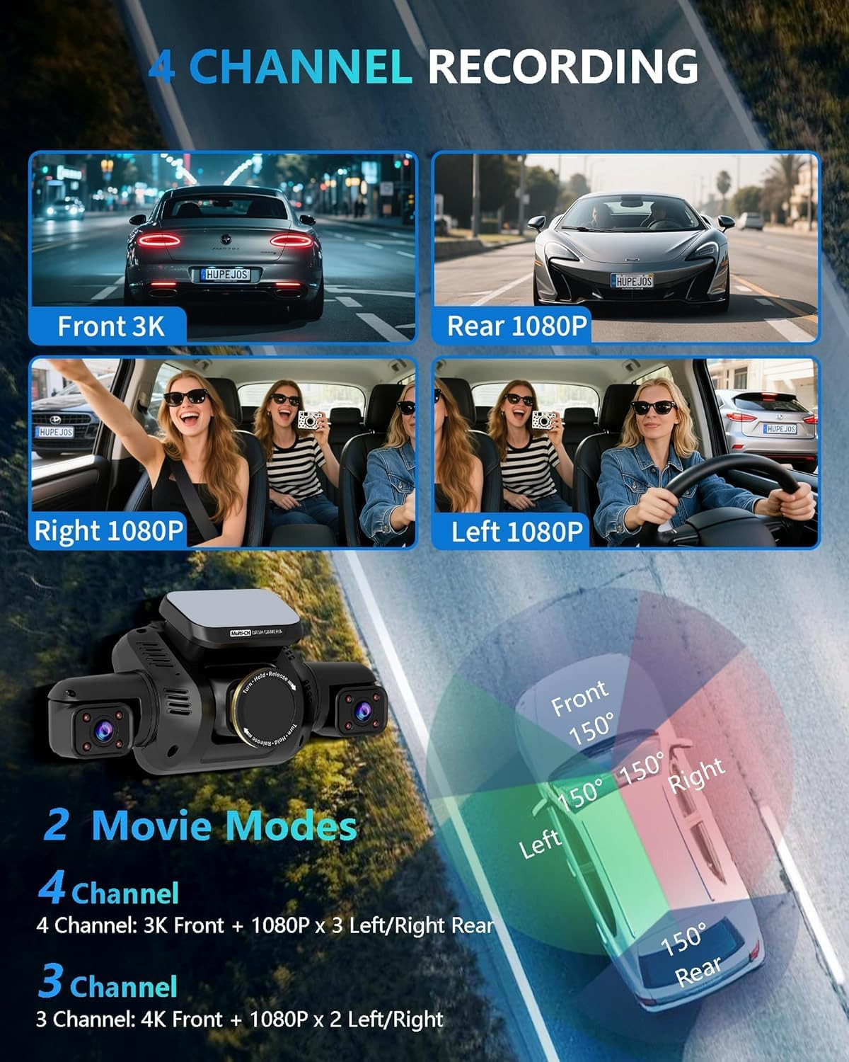 AI Dash Cam Front Rear inside with Driver Monitor System, 360° Car Camera 4K, 4