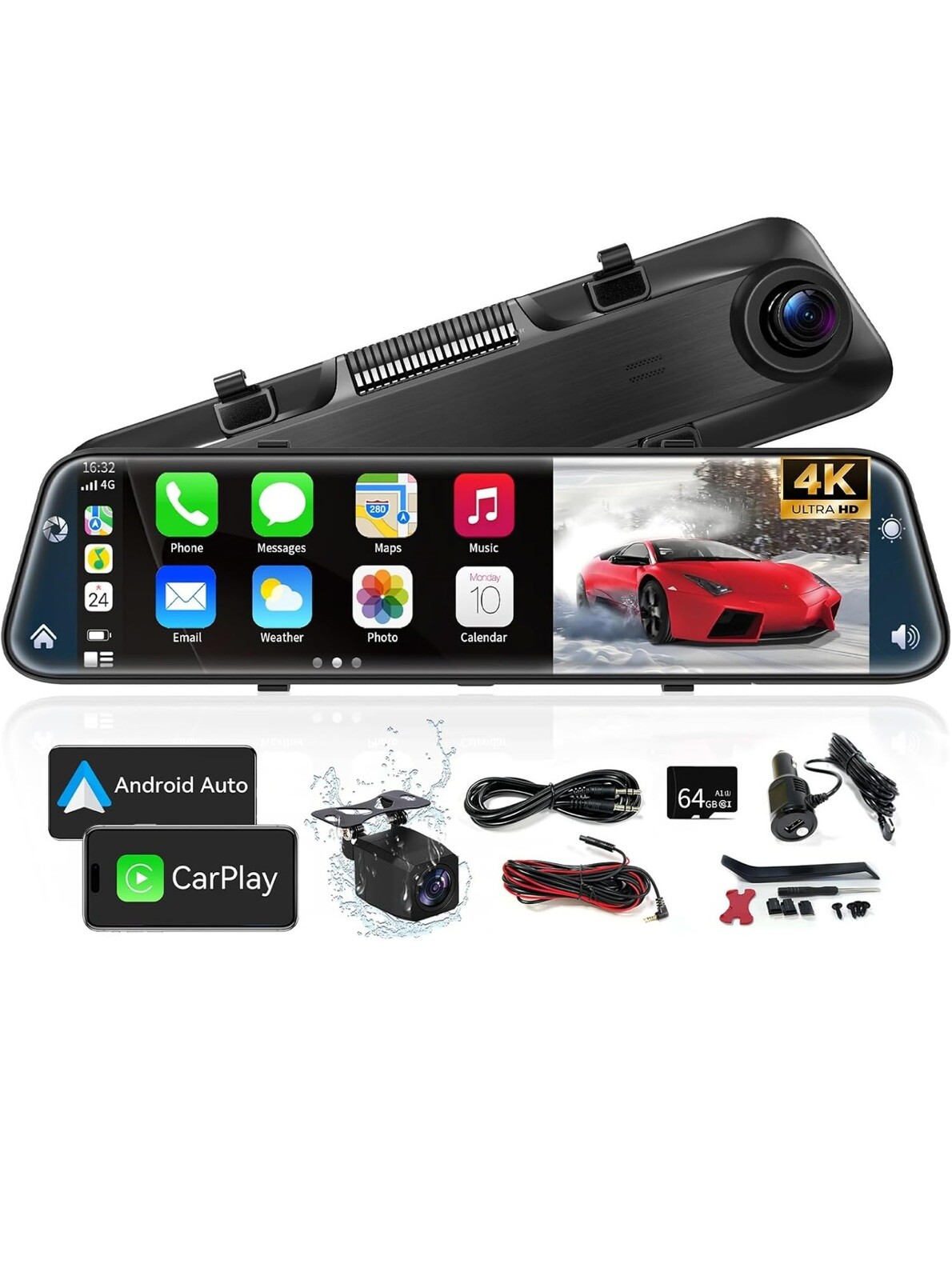 4K Rear View Mirror Camera with Carplay&Android Auto,12″ Mirror Dash Cam Fron…