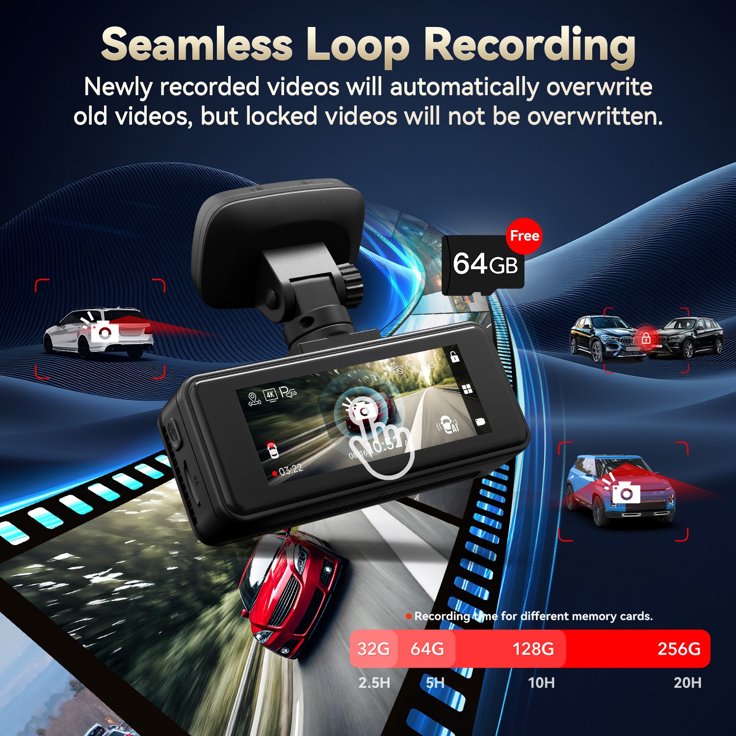 REDTIGER 4K Dash Cam Front and Rear,3.18″ IPS Touch Screen Car Camera,64GB Card