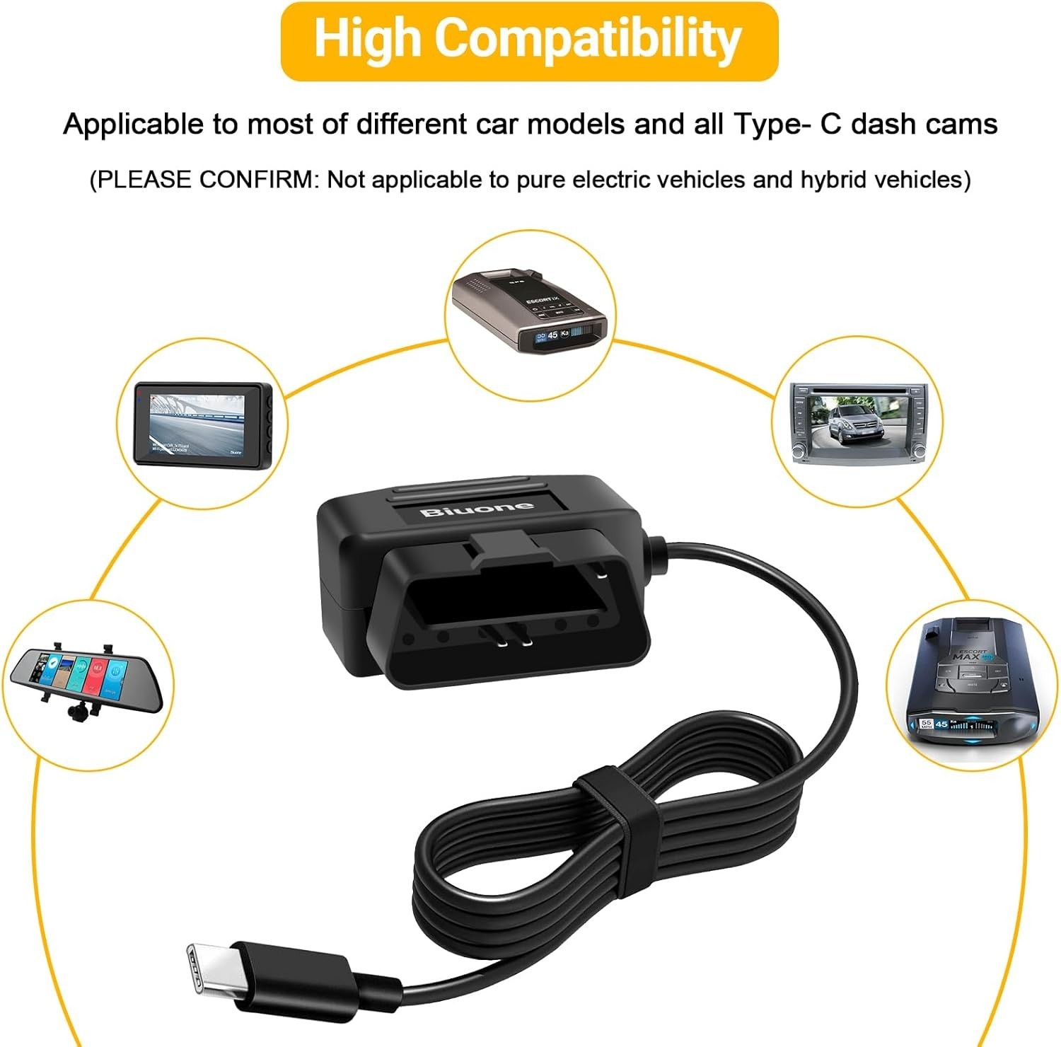 Biuone H507 OBD2 to USB-C Dash Cam Power Cable Hardwire Kit 24H 3.5M – 11.5FT L8