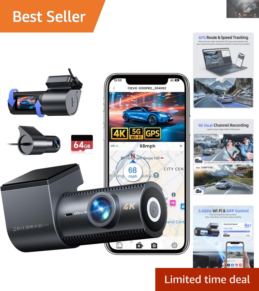 170° Wide Angle Dash Cam with 24-Hour Parking Mode & 64GB SD Card Included