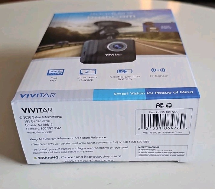 Brand New- Sealed -VIVITAR Car Video Security Black Dash Cam DCM108-NOC w/mount