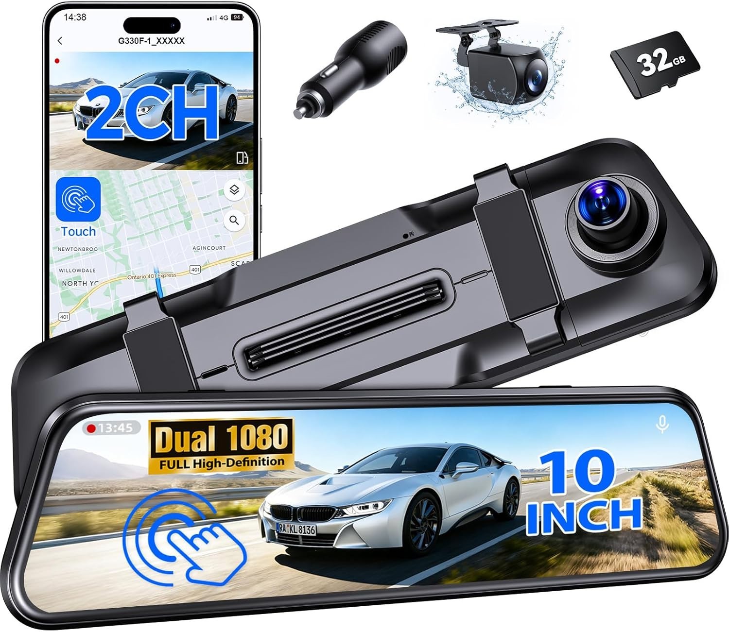 Camara Espejo Retrovisor Con Pantalla Tactil De 10 Pulgadas Y G-Sensor