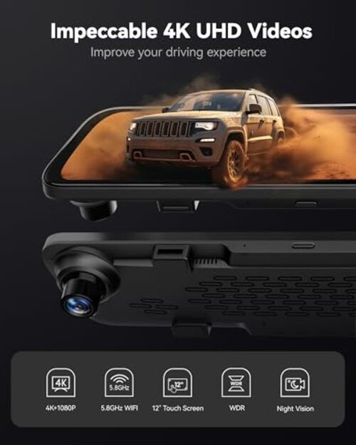 WOLFBOX G840S 12″ 4K Mirror Dash Cam Backup Camera, 5.8GHz WiFi Smart Rearview