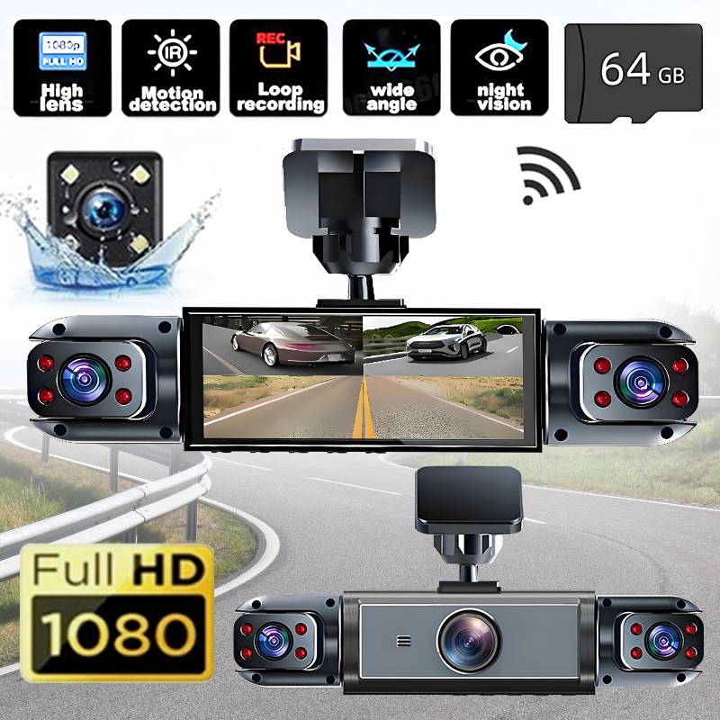4-Channel Dashcam 1080P HD Car Dash Cam Front Rear Inside Left Right+64GB Card