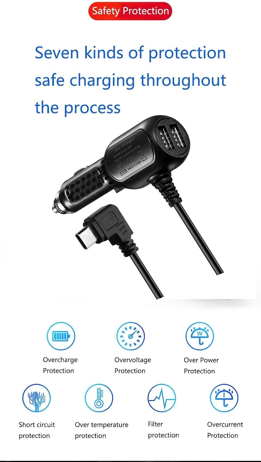 Type C Power Adapter for Dash Cams – Compatible with REDTIGER & WOLFBOX Models