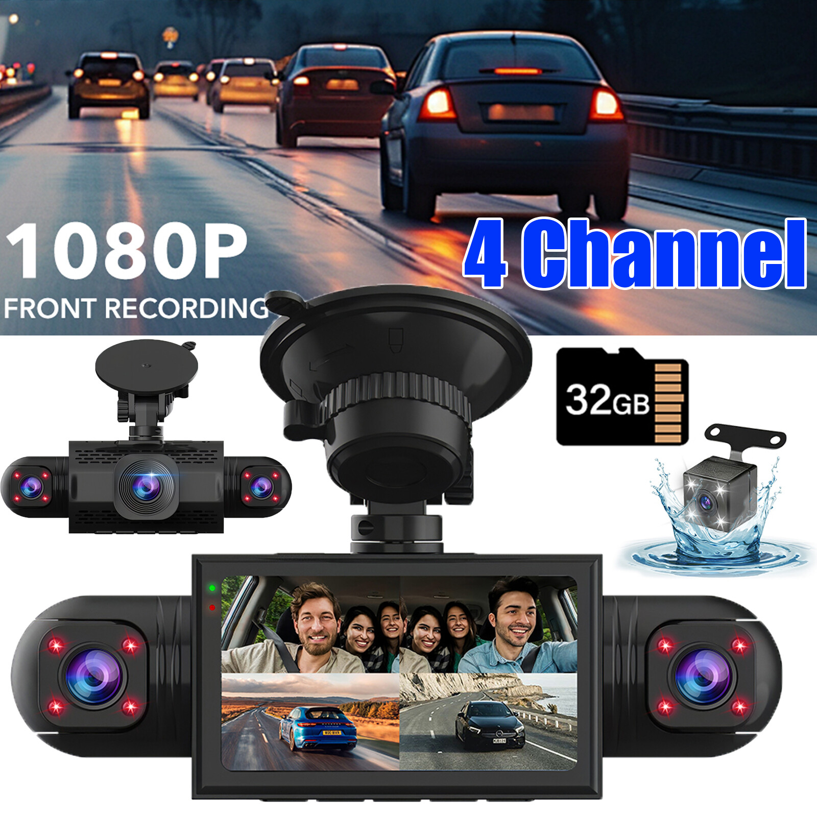 4K Dash Cam Recorder 4Channel 360° Car Camera DVR Vehicle Video G-Sensor +32GB