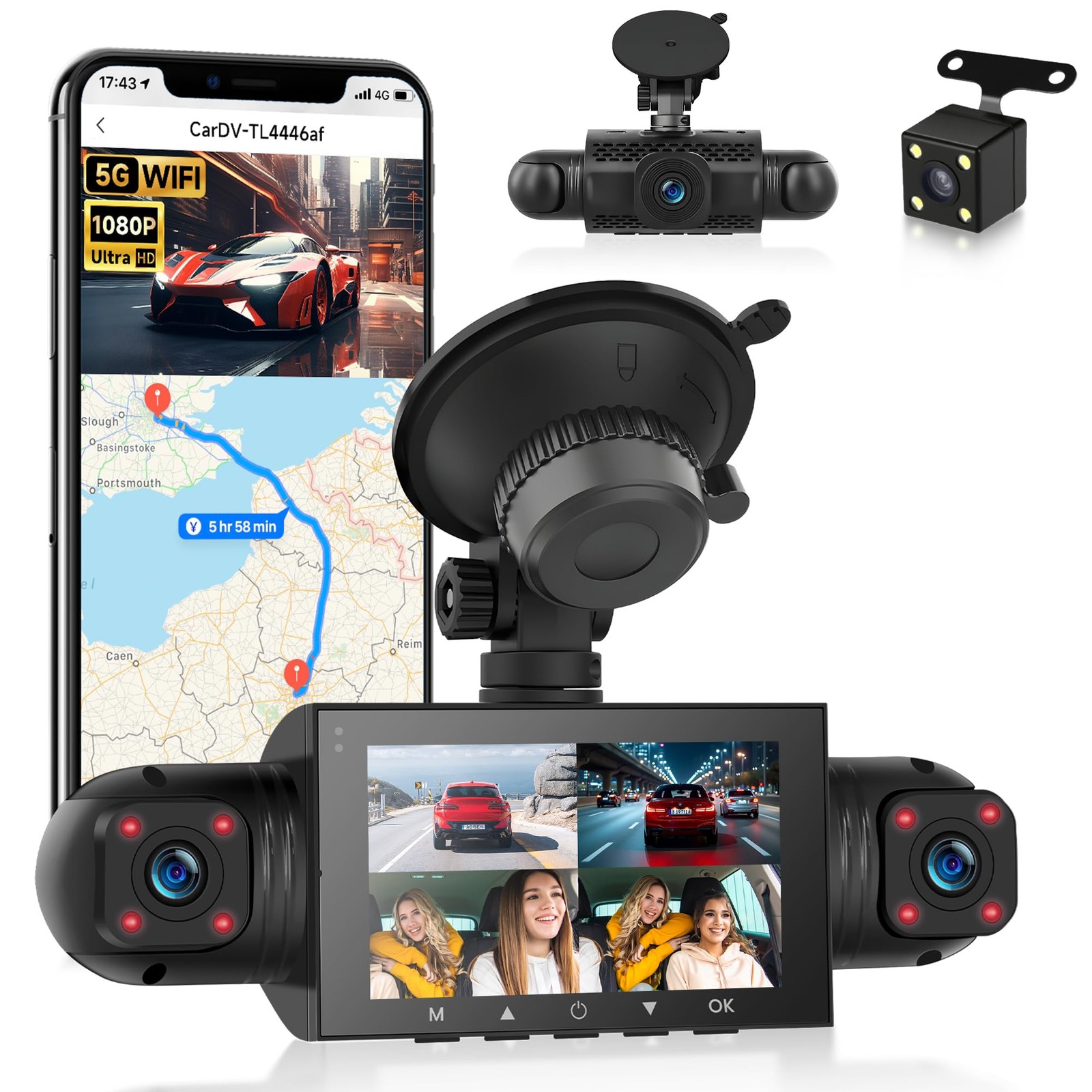 360° 4 Channel Dash Cam 1080P Front+480P Rear Left Right, 3″ IPS Display, 5G …