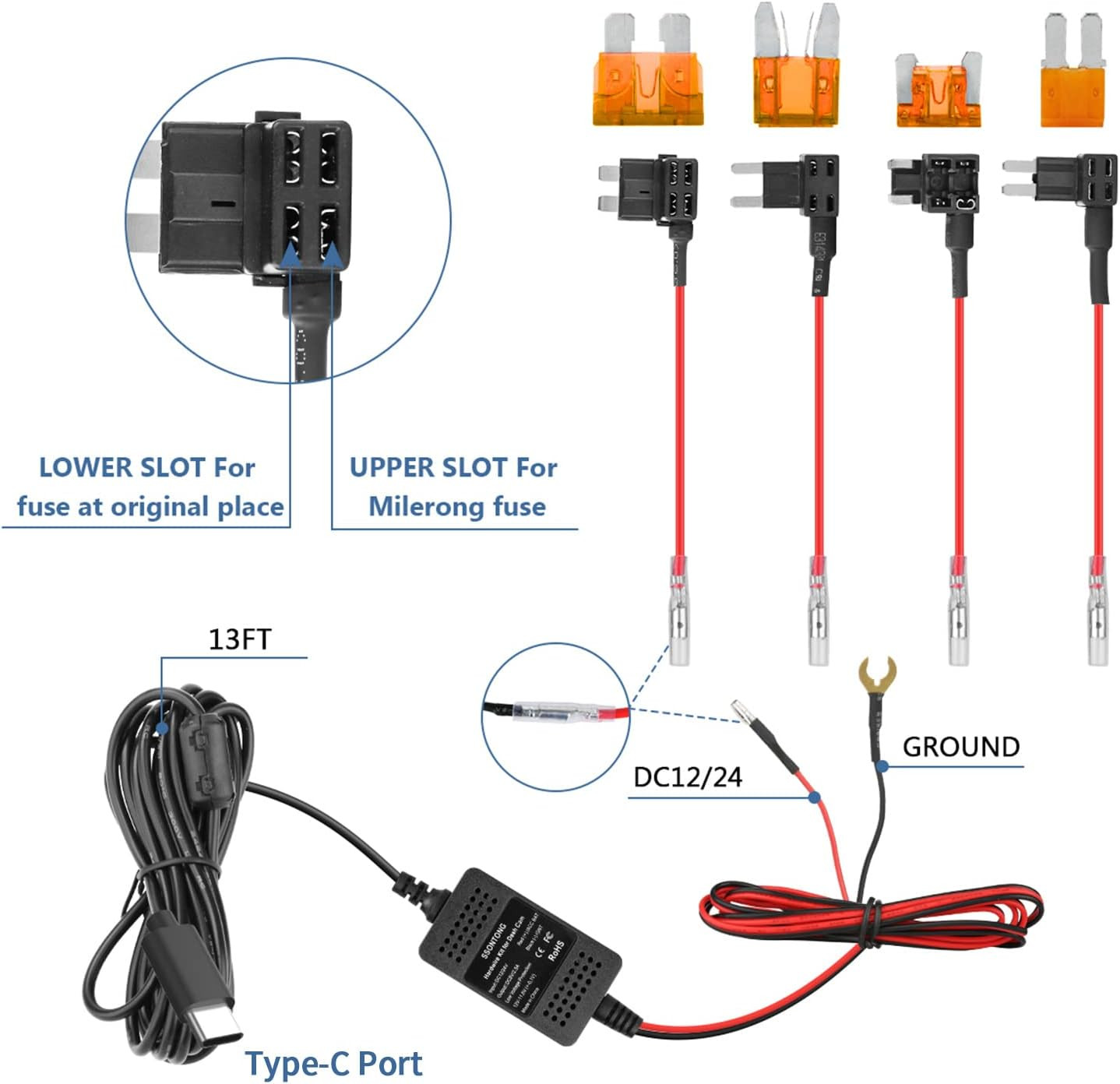 Upgraded Dash Cam Hardwire Kit, Type-C USB Hard Wire Kit 12V-24V to 5V Hardwire