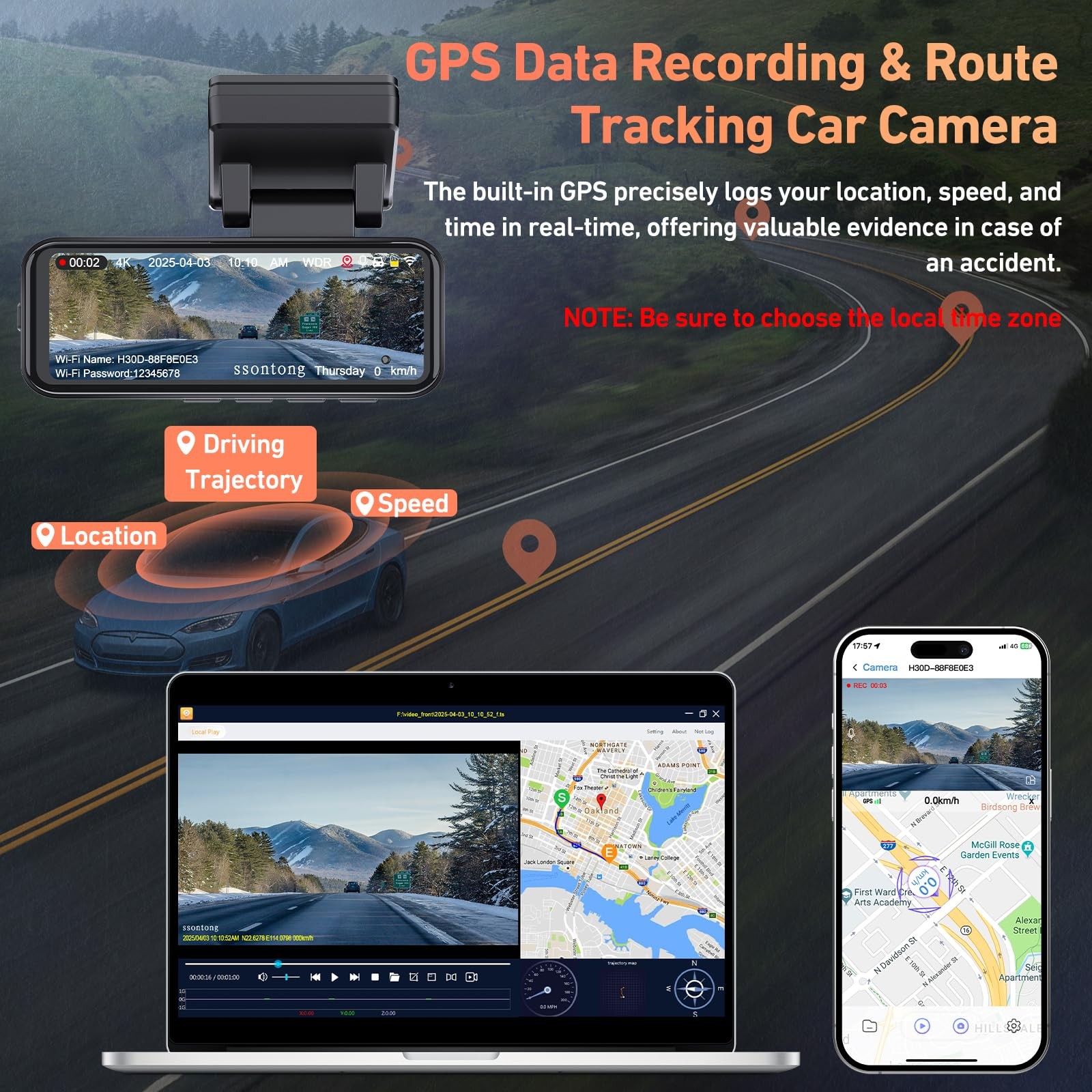 4K Dash Cam Front Rear WiFi GPS Night Vision 3.2″ Screen 32GB Card