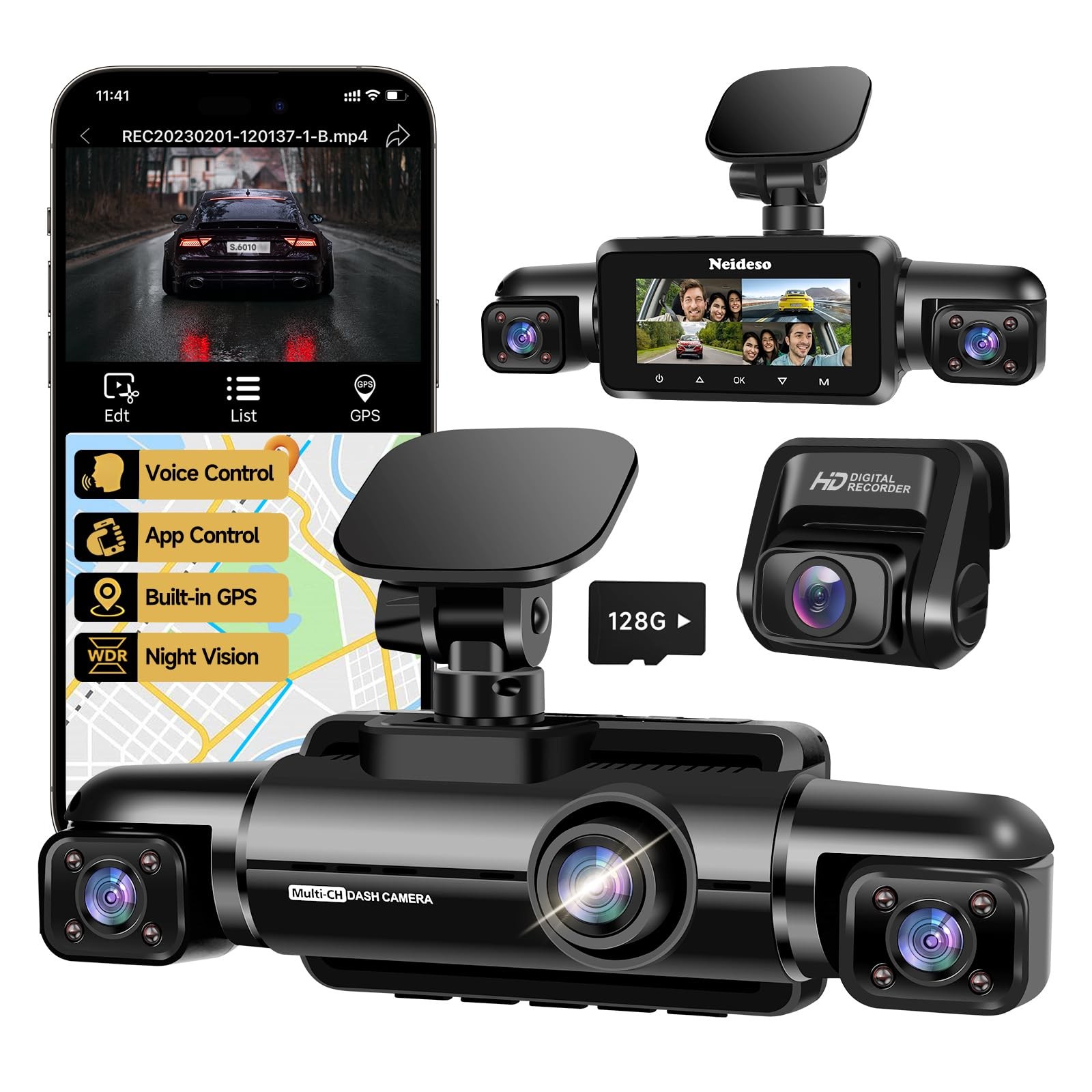 360° Dash Cam Front and Rear Inside, 4 Channel Dash Camera for Car