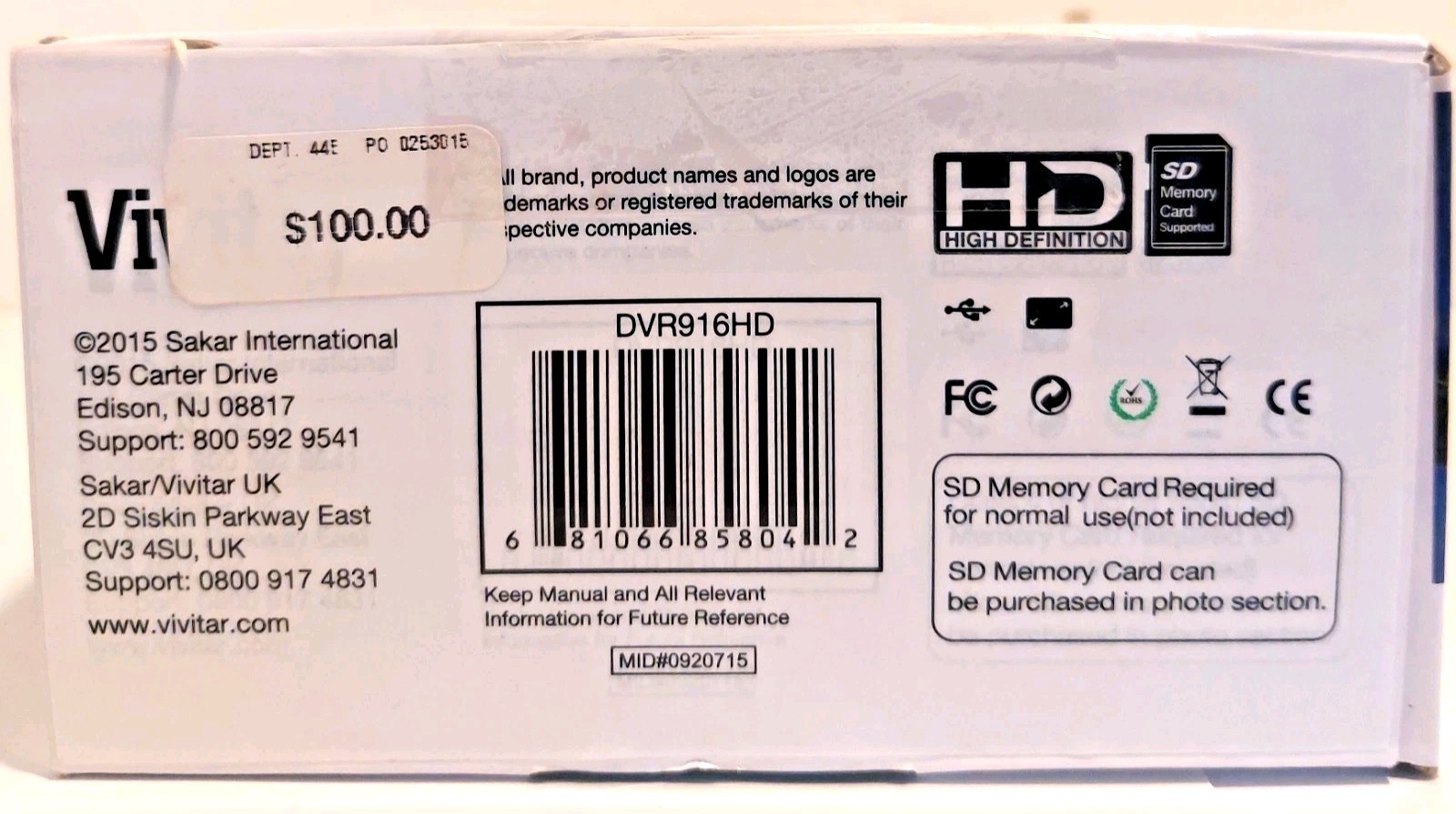 Vivitar CarCam Security HD 2.4” Flip Screen 90° Wide-Angle Lens Mic NEW Open Box