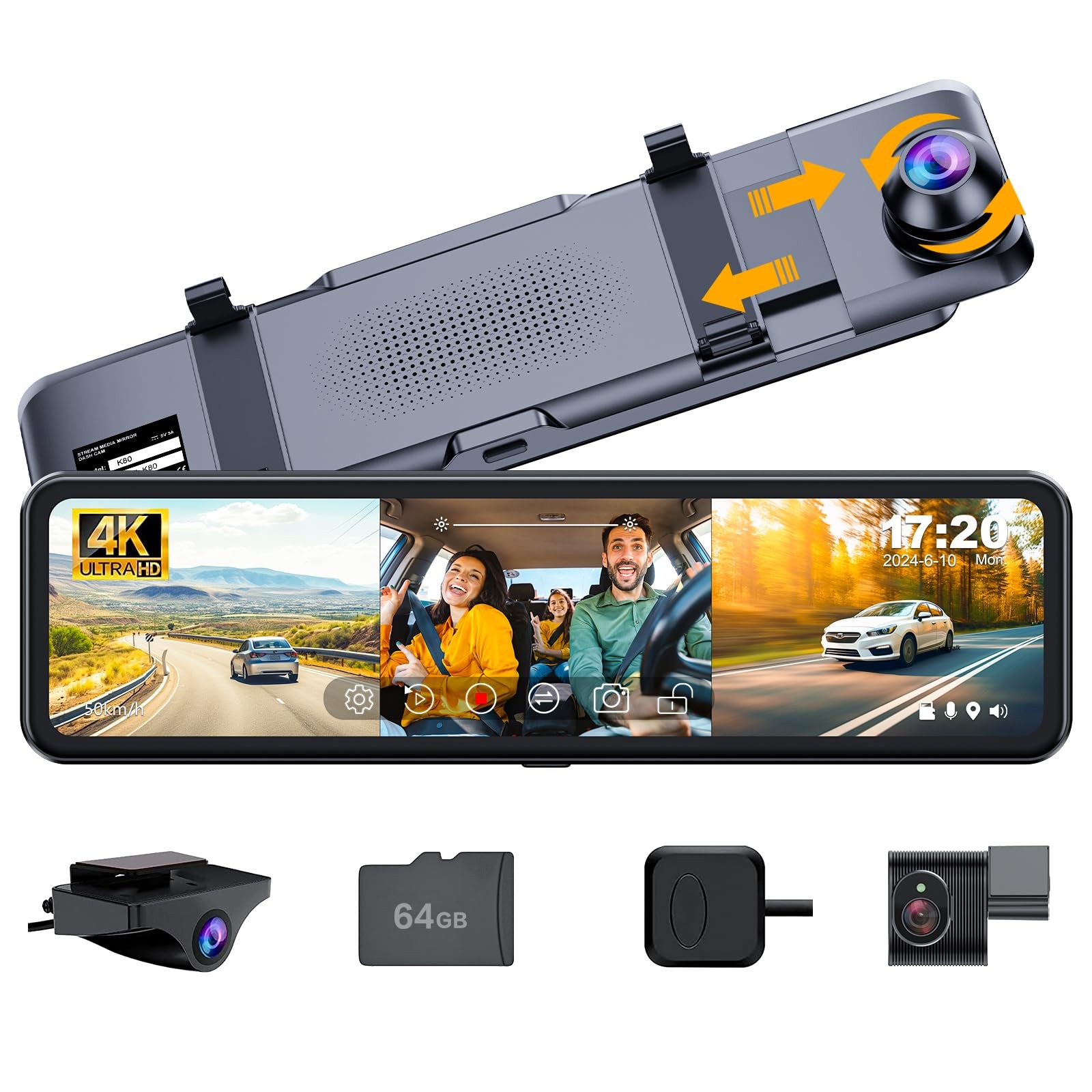 3 Channel Mirror Dash Cam with Front 4K, in-Cabin & Rear 1080P Cameras, Enhan…