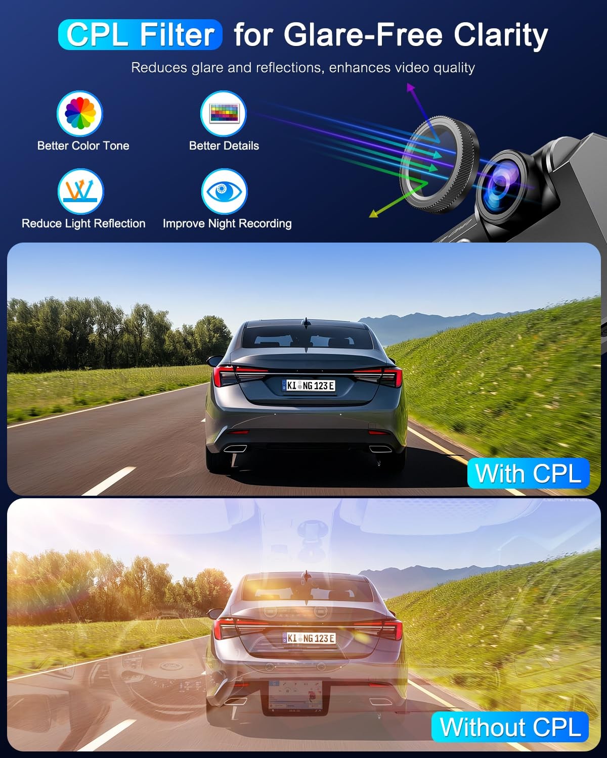 Dash Cam Front and Rear 5GHz WiFi Dashcam with CPL, 4K+1080P Dual Dash Camera…