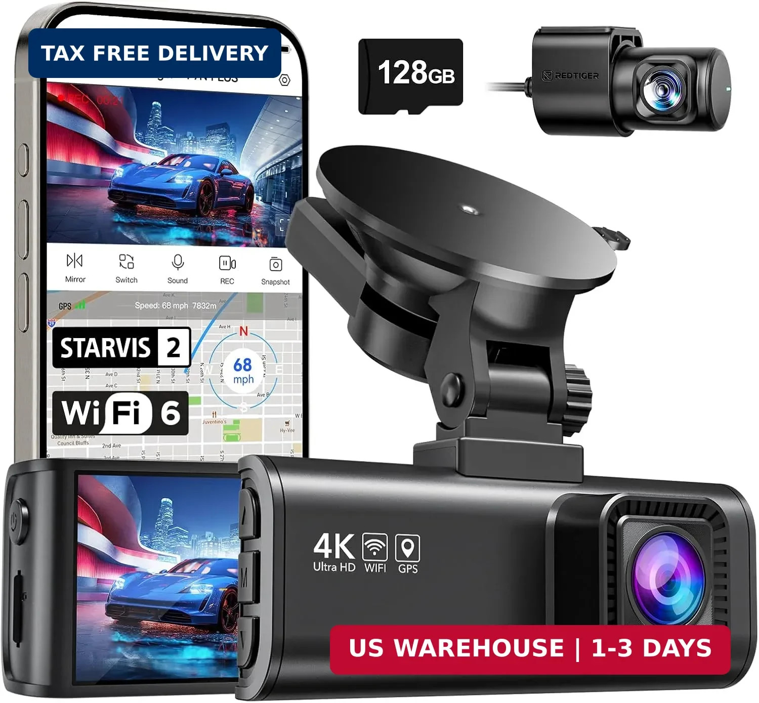 REDTIGER 4K Dash Cam Front Rear, STARVIS 2 Sensor, Free Card Included, 5.8GHz Wi