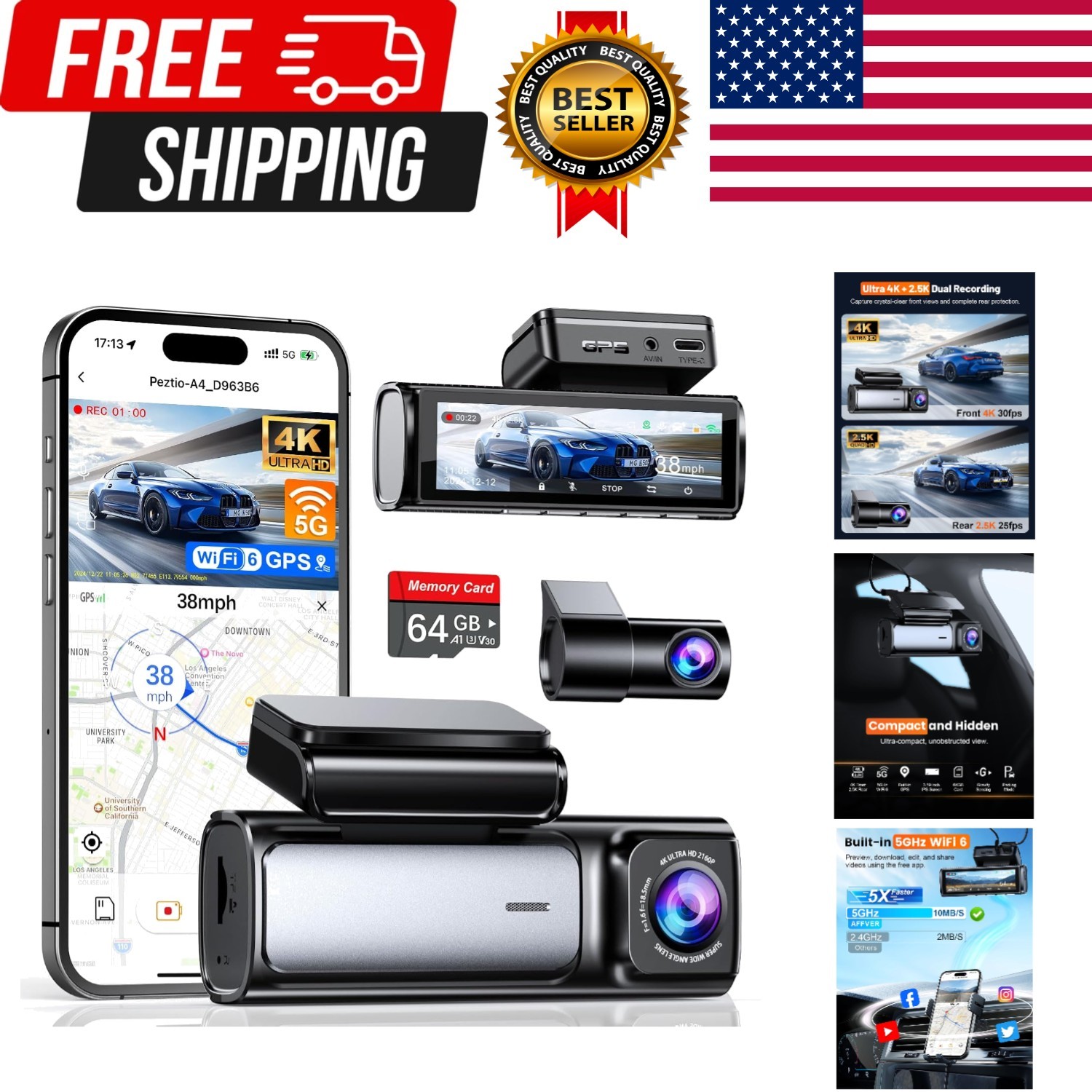 4K+2.5K Dash Cam Front and Rear, Built-in 5G WiFi 6 GPS Dual Dashcam | 64GB C…