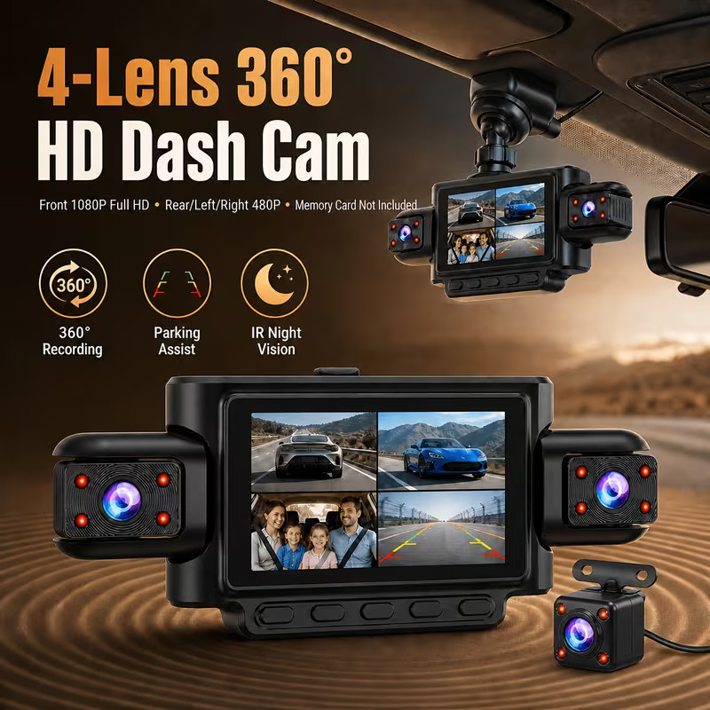 4 Channel Dash Cam 360 View for Cars, 4 Camera Front And Rear System, Front 1080