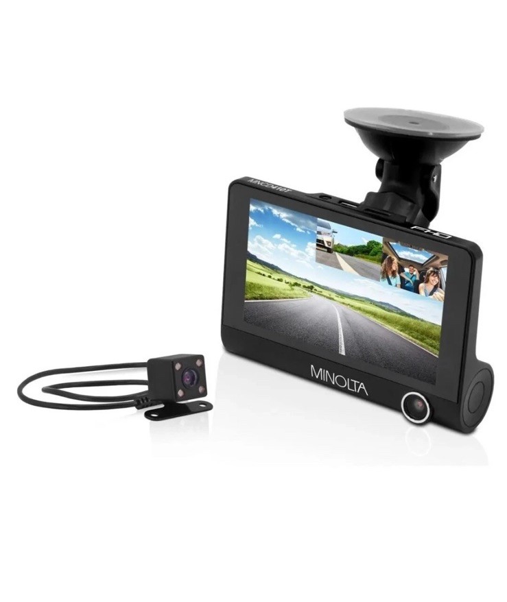 Minolta MNCD410T FHD Front Rear View Dash Camera with 3-Ch Recording, Black