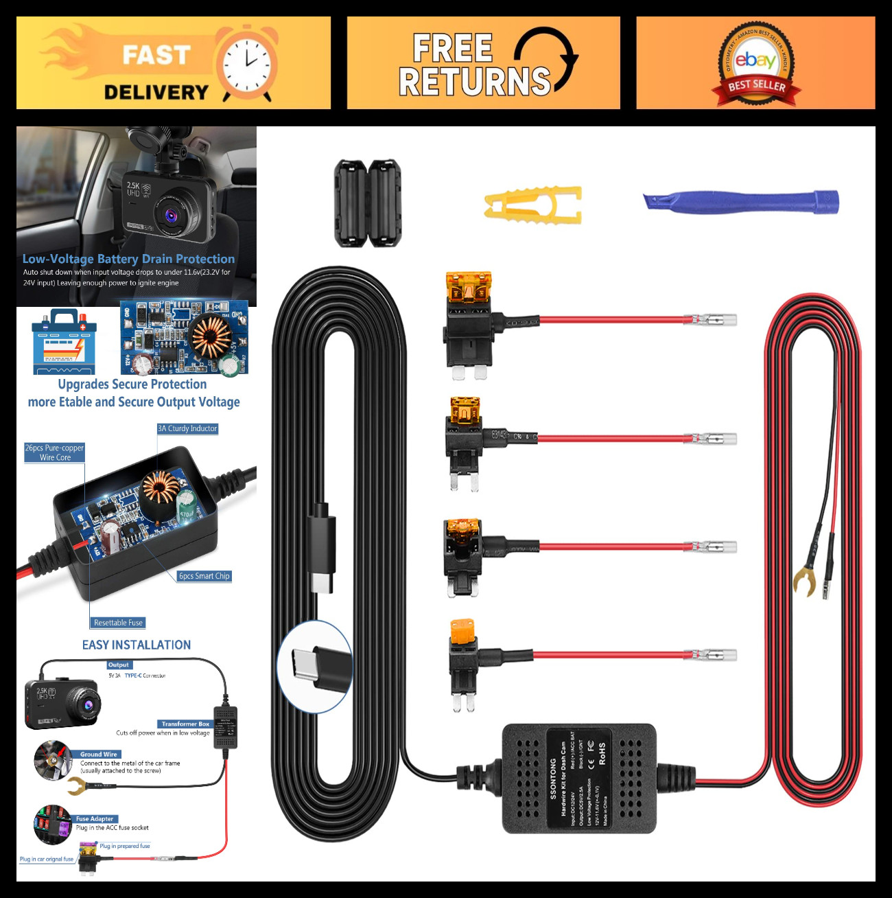 Hardwire Kit for Dash Cam & GPS – Type-C USB 12V-24V to 5V, 13ft Power Cord