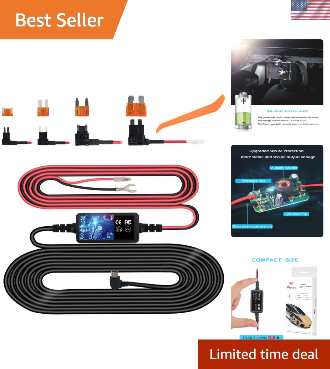 Universal Hardwire Kit for Dash Cams – Mini USB to USB C with Installation Tool