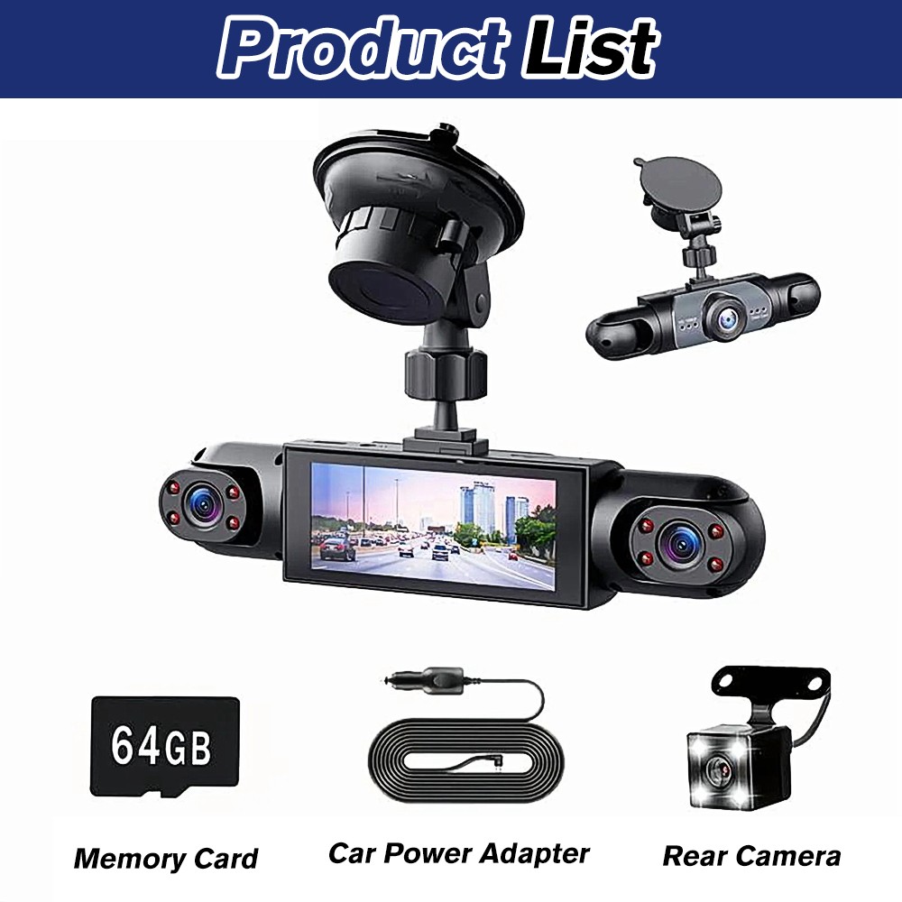 360 View 4 Channel Dual Lens Dash Cam 1080P Motion Detection Camera w/ 64GB Card