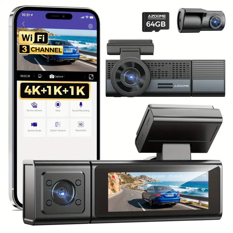 AZDOME 3CH Dash Cam 4K+1080P+1080P WiFi APP Parking Mode Voice Control 64GB Card