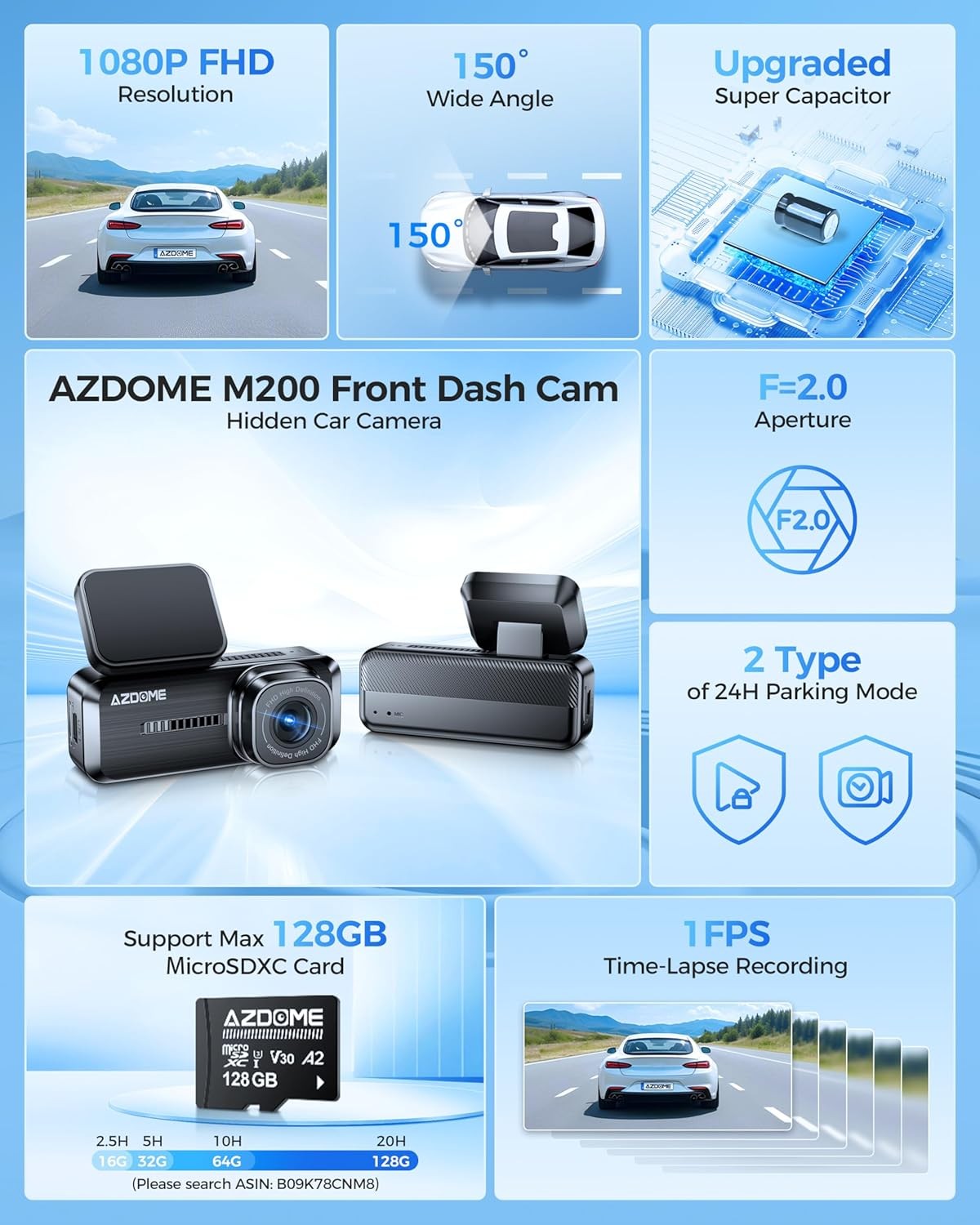 M200 Mini Dash Cam Wifi Dashcam, 1080P Front Dash Camera for Cars, Hidden Car Ca