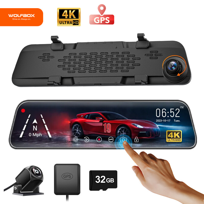 WOLFBOX 4K 12″ Dual Dash Cam Car Rear Mirror View Backup Dual Camera G840S